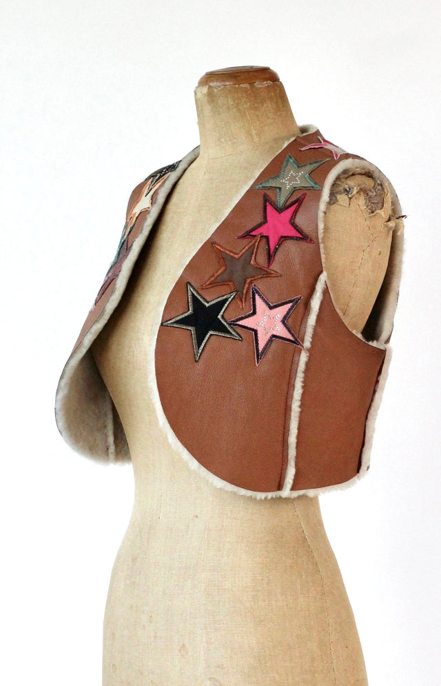 Y2K Vintage Brown Leather Vest with Star Applique //Size M