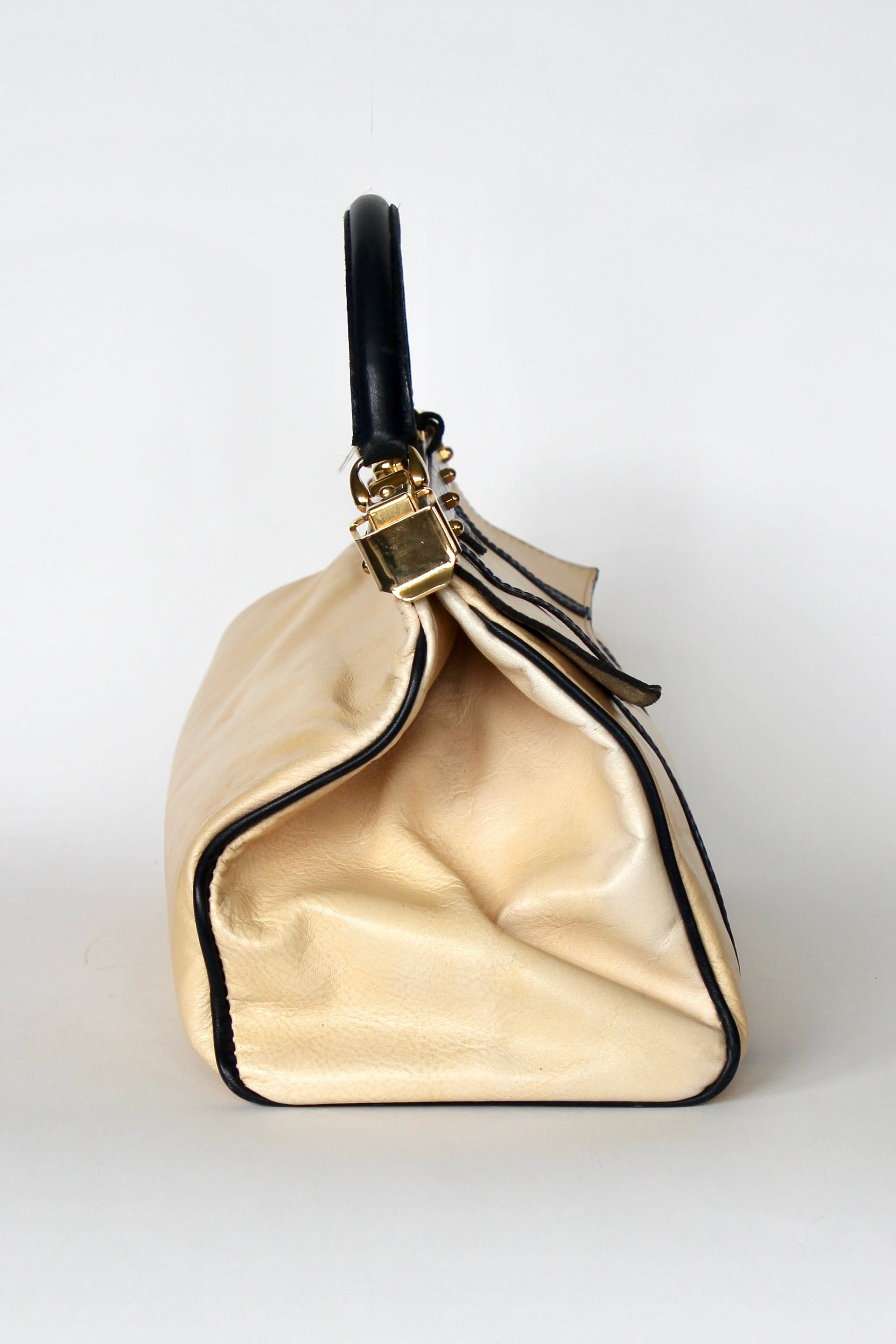 1950S 1960s Beige/Ivory Leather Top Handle Bag // Midwife Style Bag