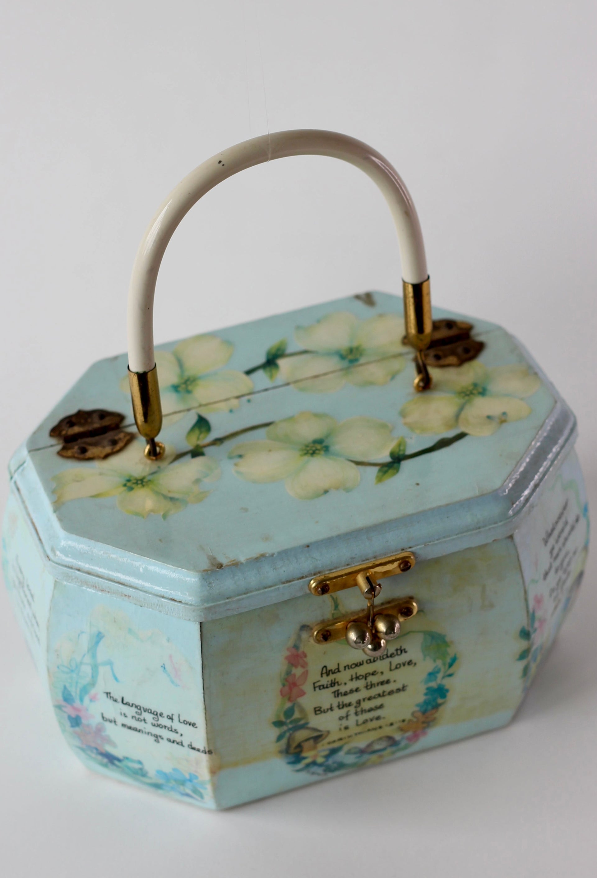 1960s Vintage Pale Blue Wooden Handle Box Bag