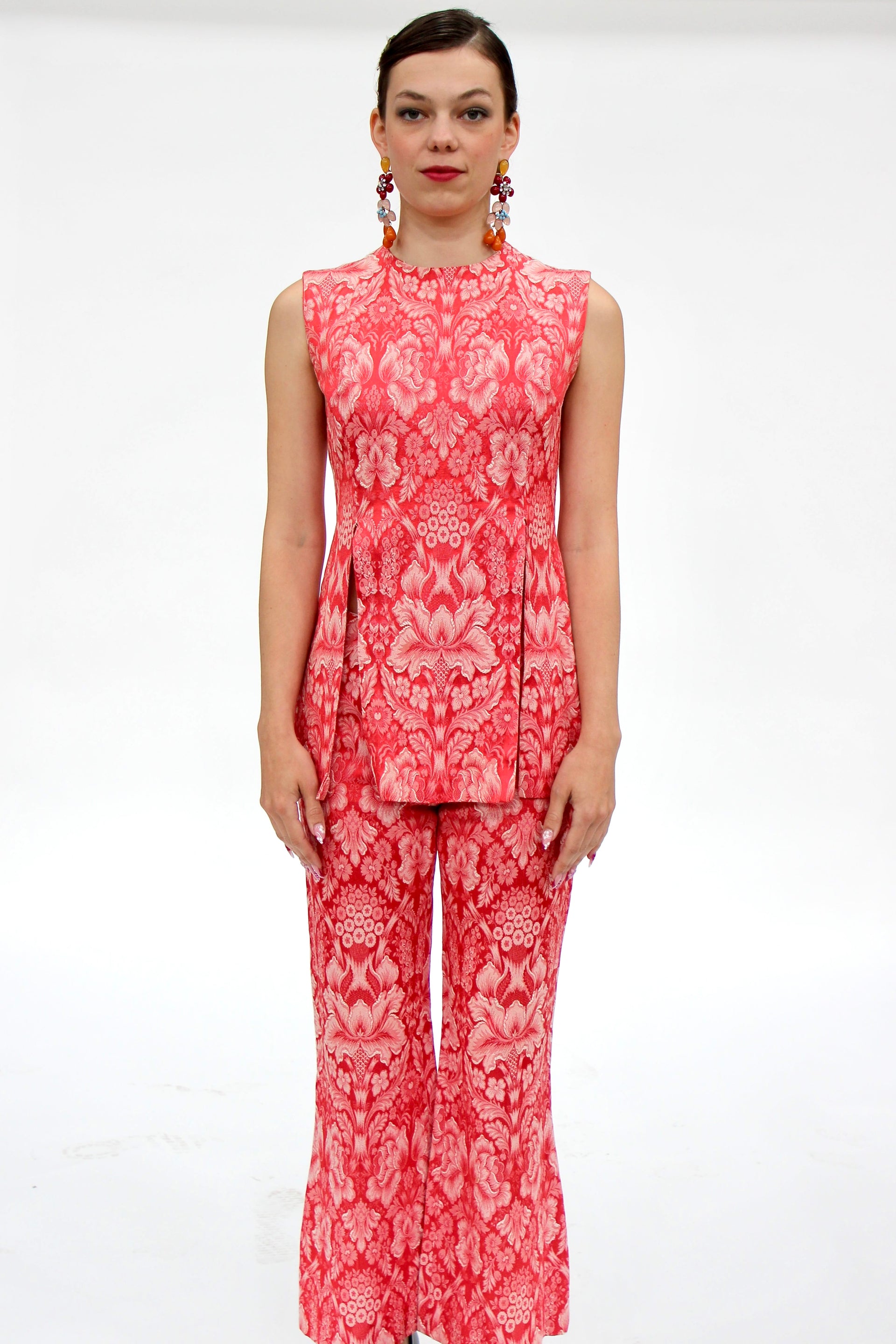 1950s Vintage Red and White Brocade Pantsuit // Size XS