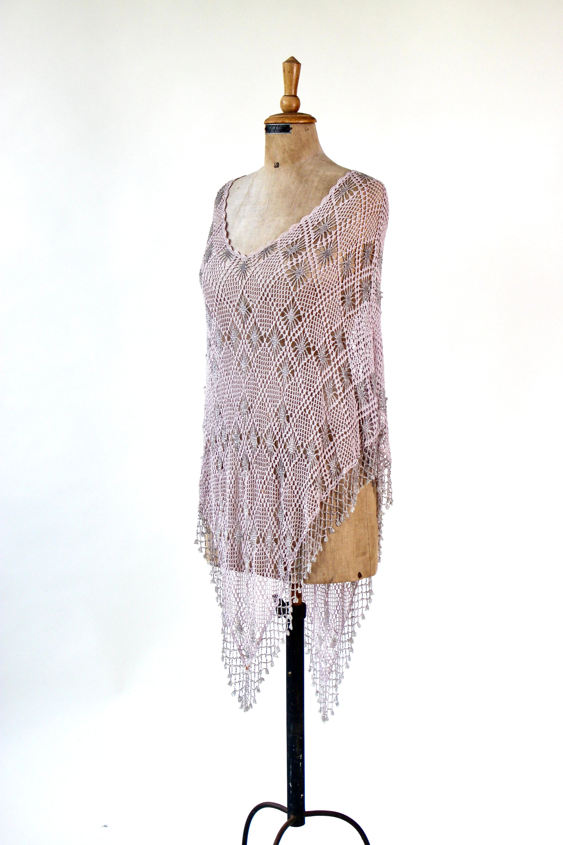 Vintage Pale Pink Beaded Crochet Poncho