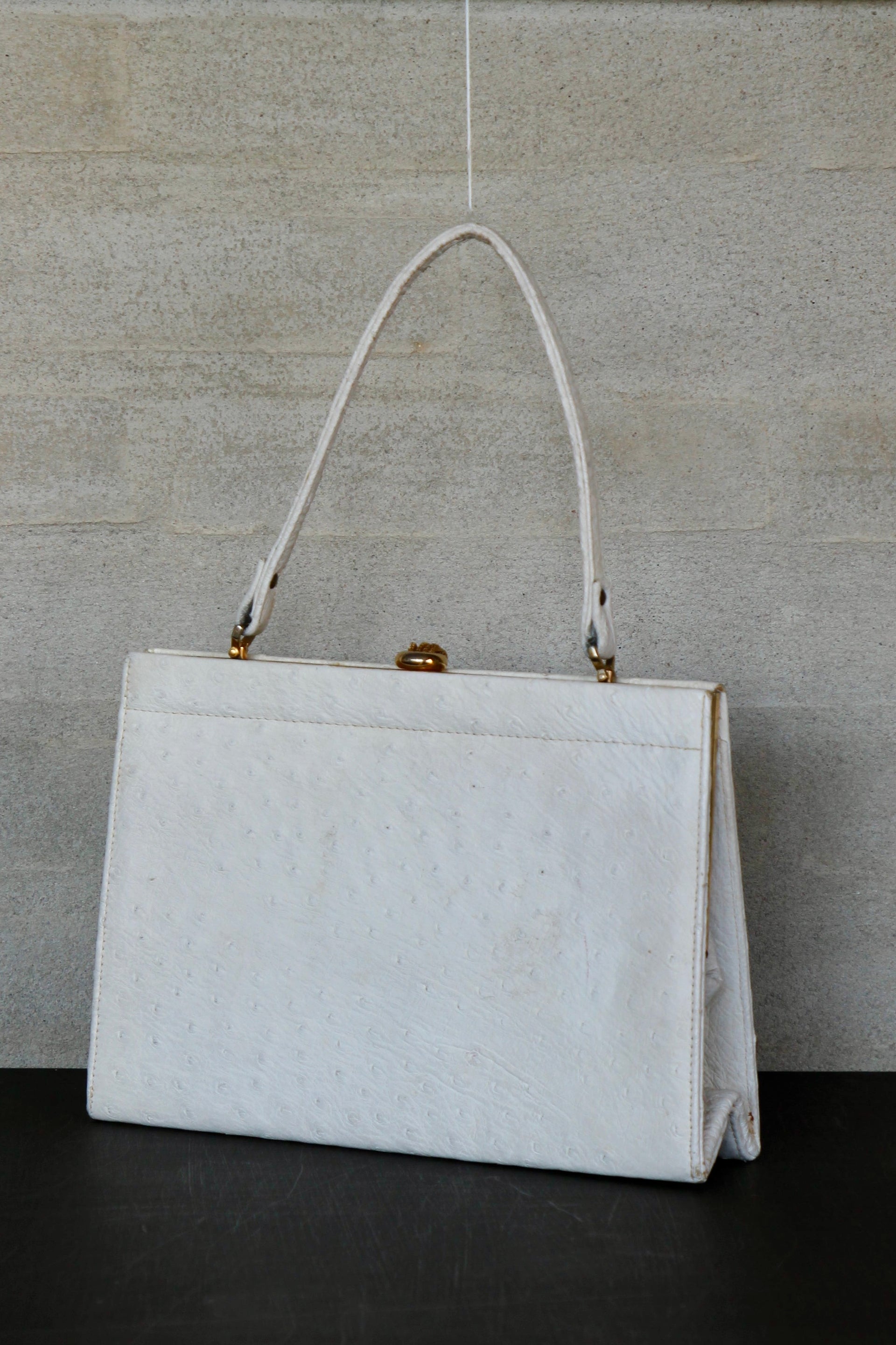 1960s Vintage White Ostrich Leather Top Handle Bag/Purse