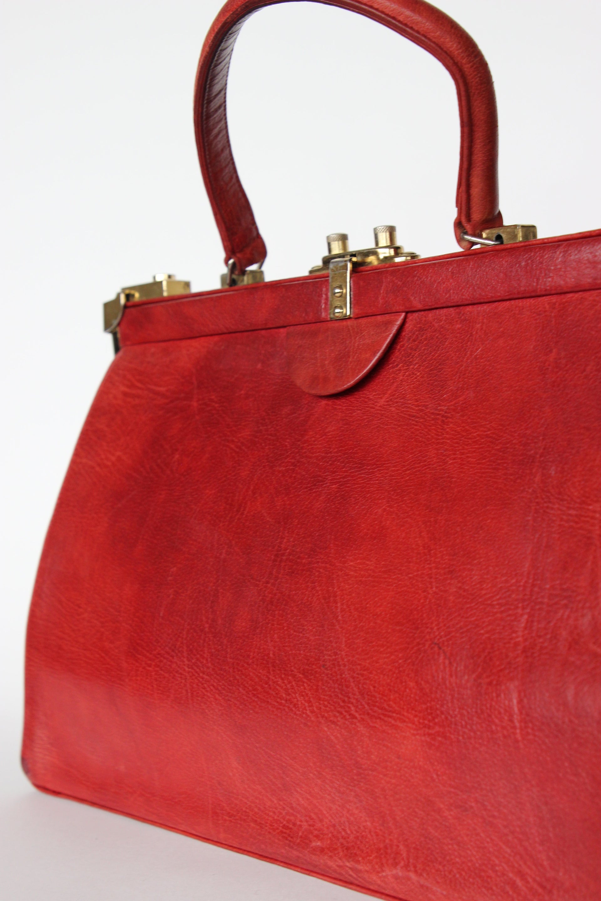 1960s Vintage Large Red Leather Top Handle Bag / Made in France