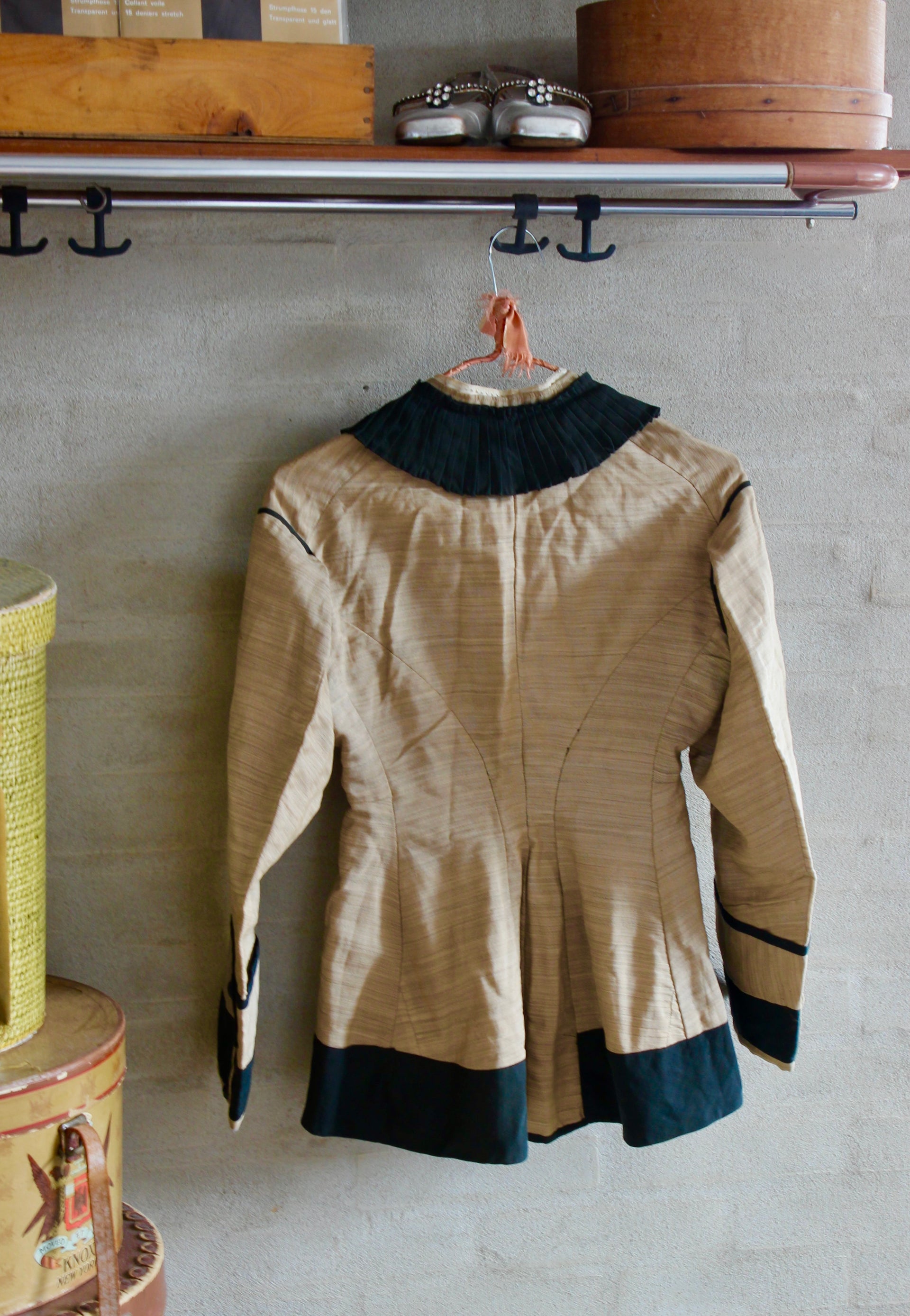 1879s Antique Victorian Beige Jacket with Black Collar and Cuffs Owned by Karin Strandberg, Sweden.