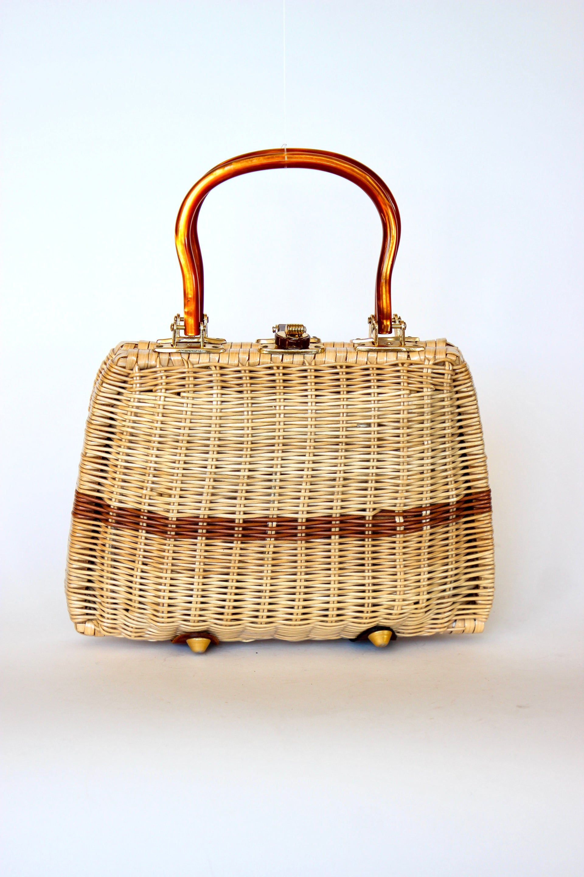 1950s 1960s Straw Top Handle Bag/Purse with Lucite Handle