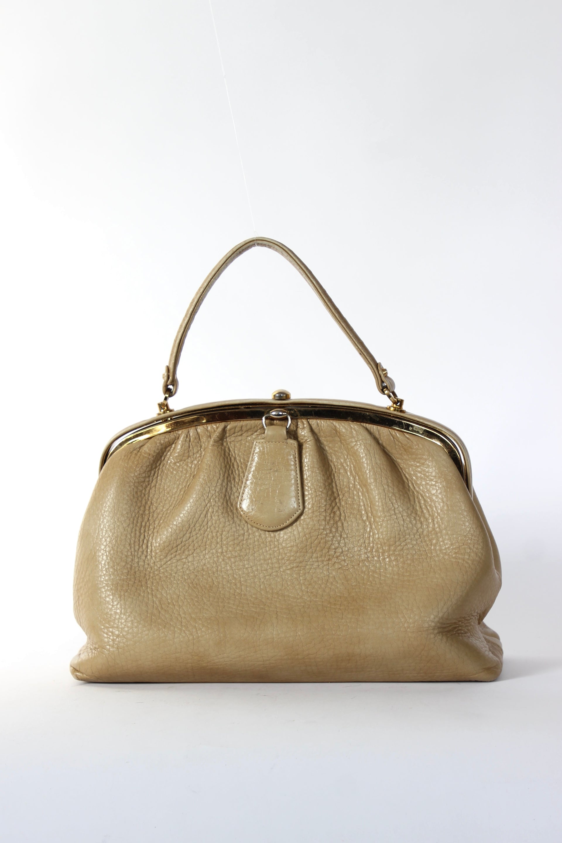 1960s Vintage Beige Leather Top Handle Bag with Green Leather Linen