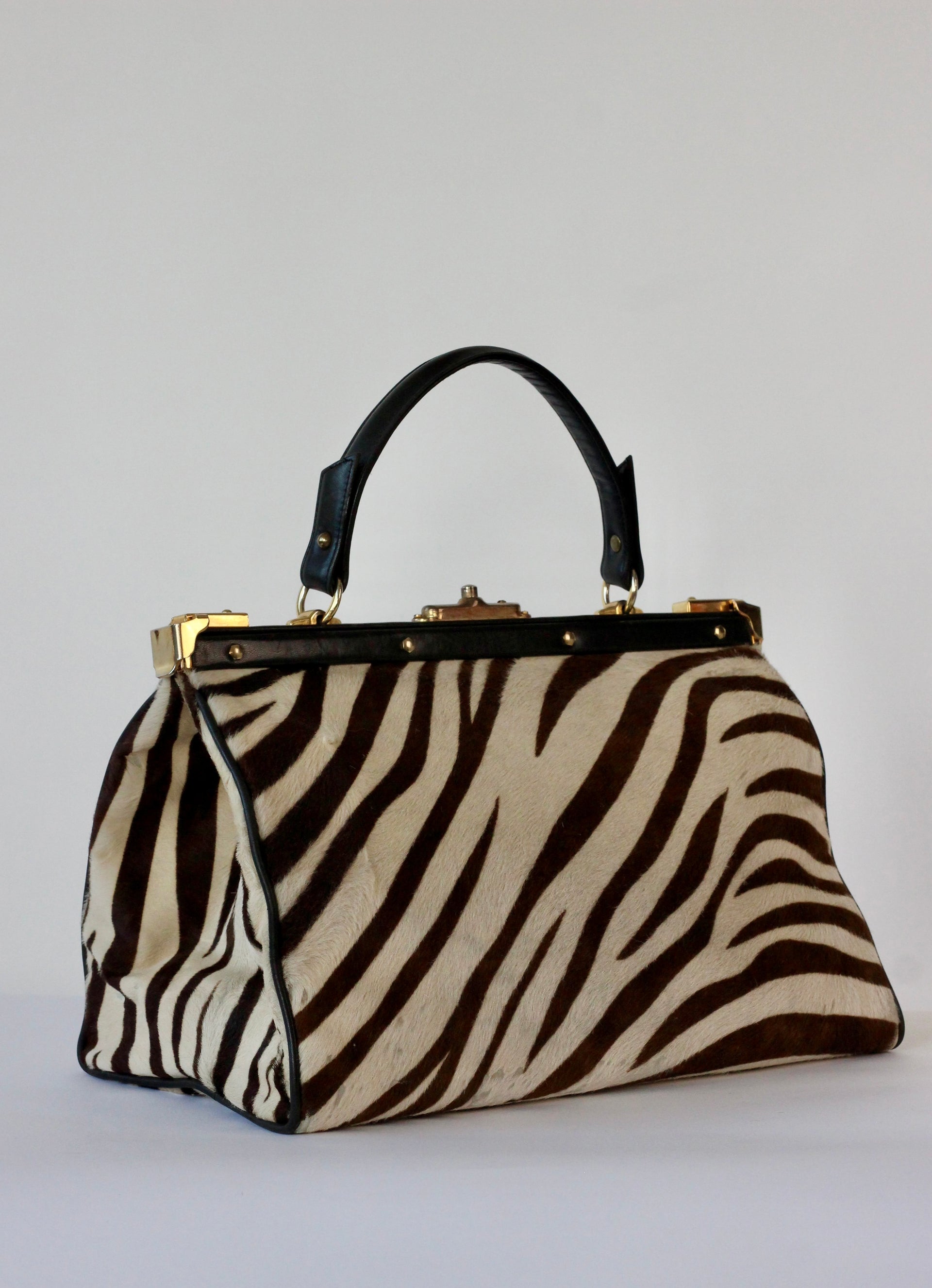 1950S 1960s Black Leather Top Handle Bag with Zebra Pattern Fur//Danish Design