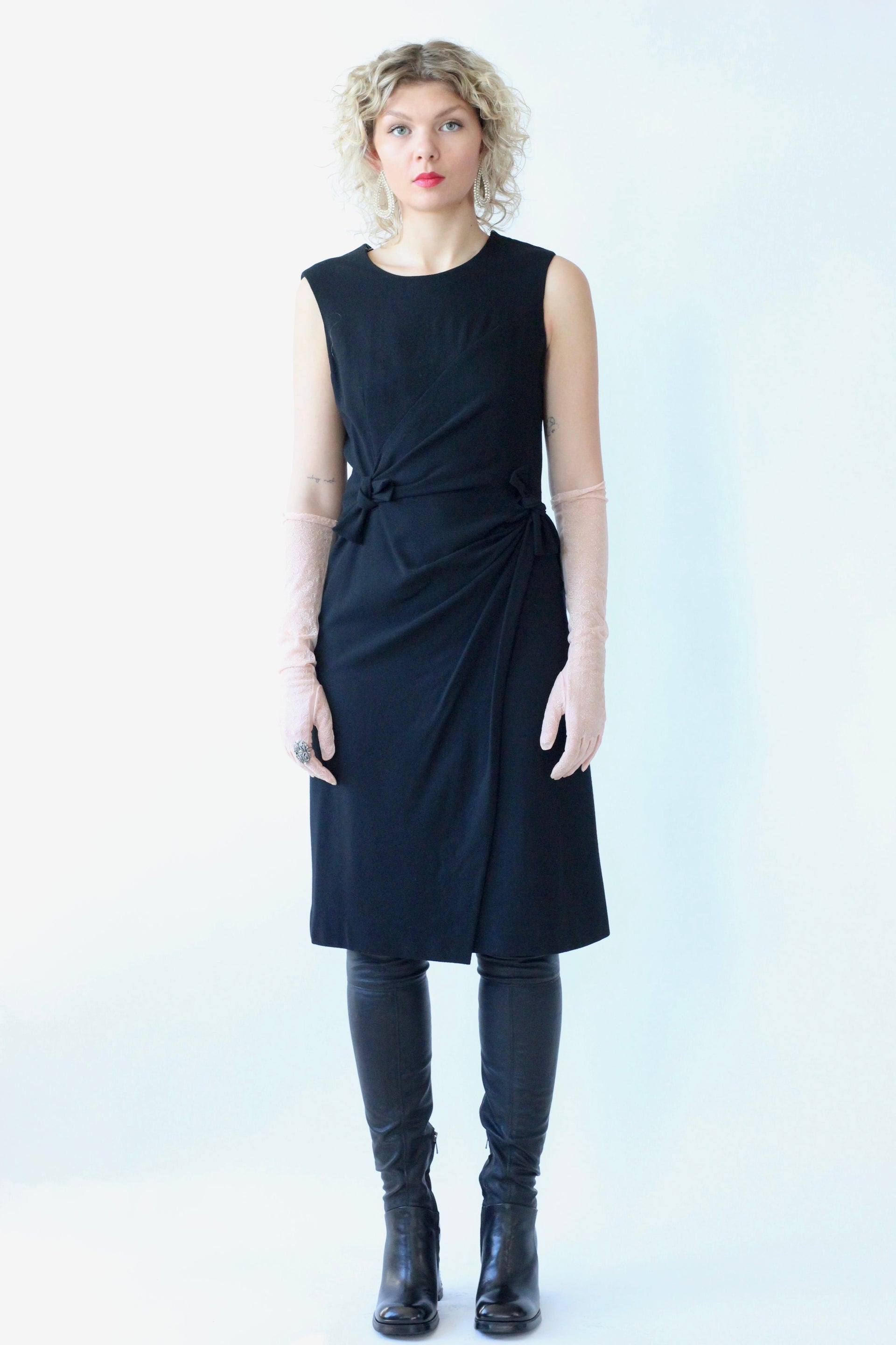 1950s 1960s Black Wool Designer Cocktali Dress//Size S/M