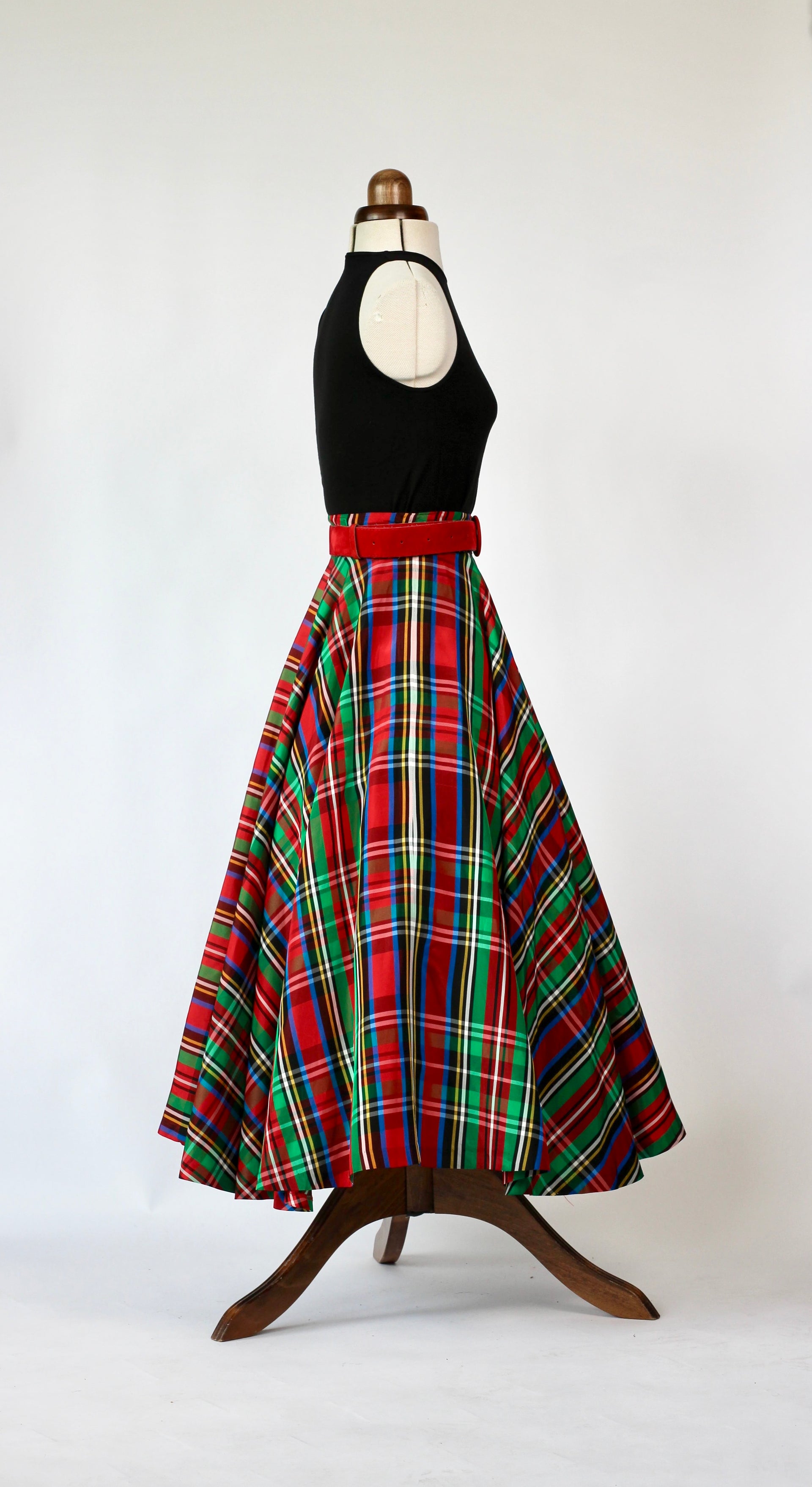 1950s High Waisted Rayon Plaid Long Skirt//Size XS