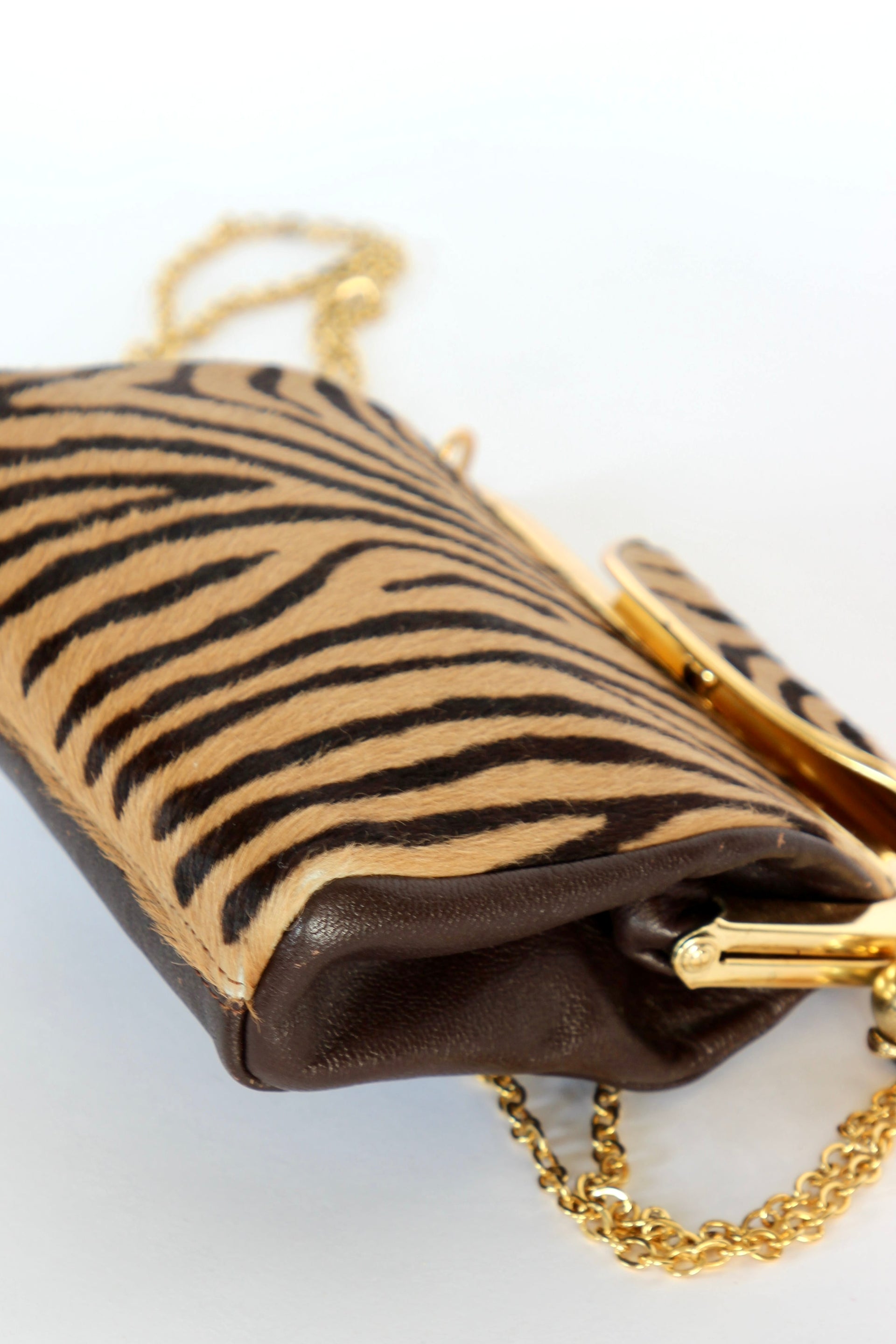 1960s Vintage Shoulder Bag with Zebra Pattern Fur and Brown Leather