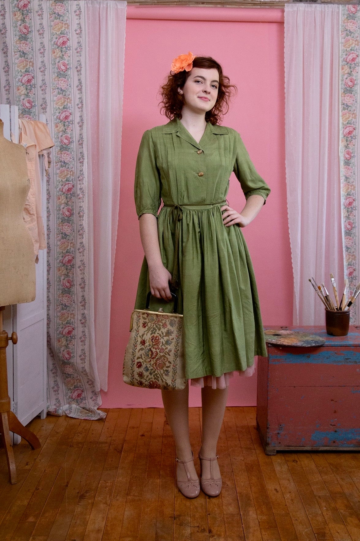 1970s Green Silk Designer Shirt Dress//Size S/M