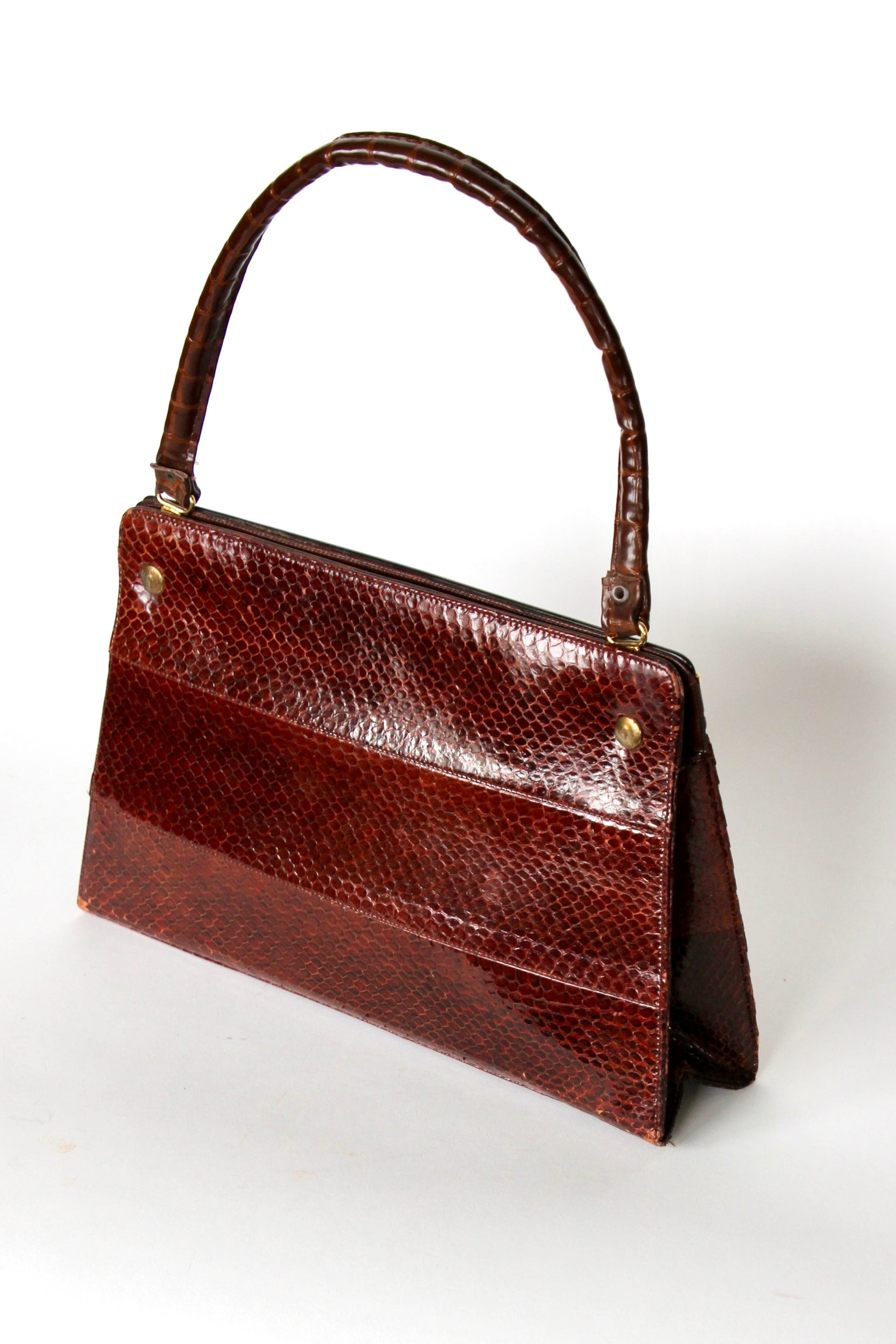 1950s 1960s Brown Snakeskin/Leather Top Handle Bag