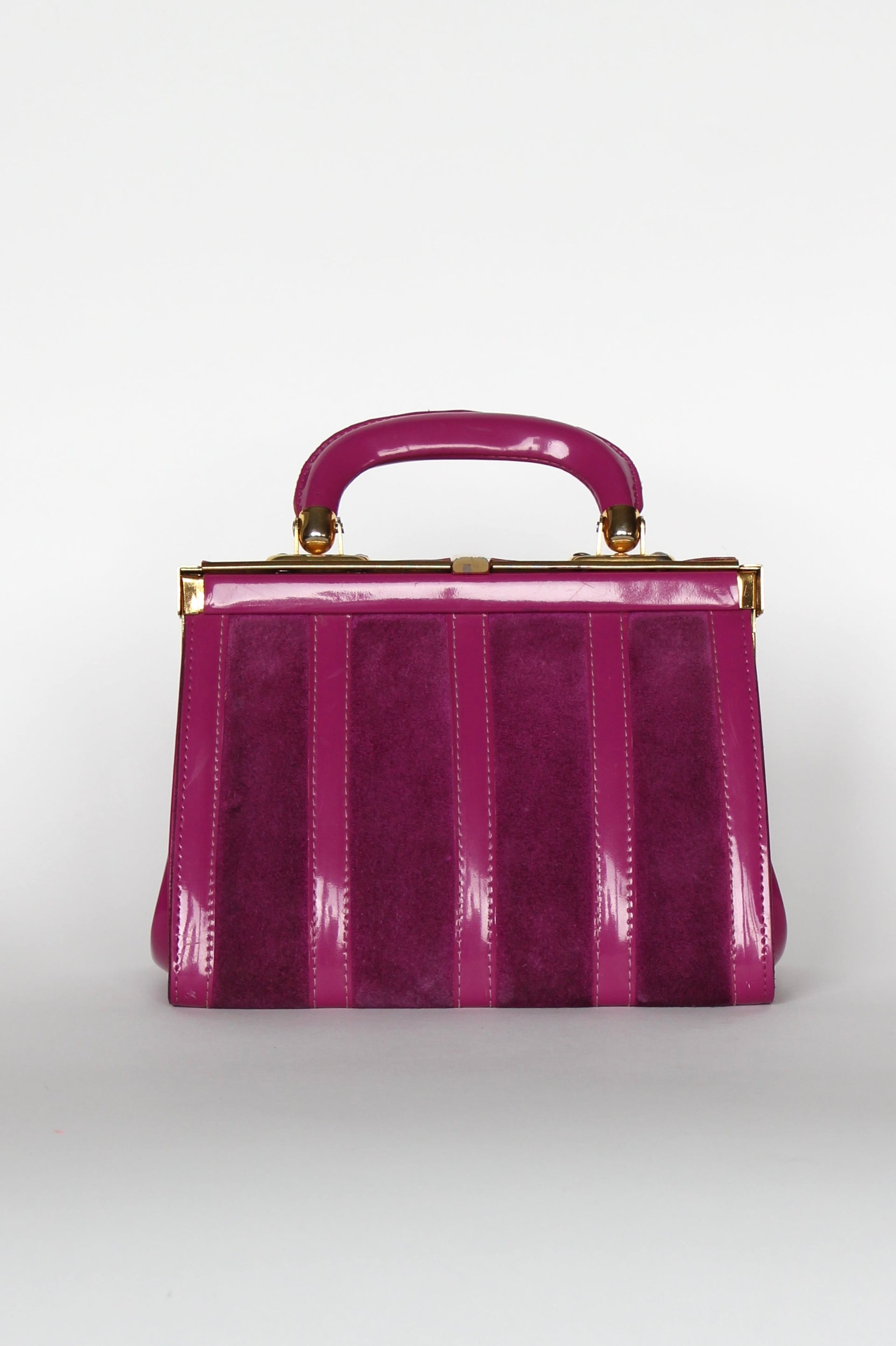 1960s Vintage Purple Sued and Vinyl Top Handle Bag/Purse with Golden Closure.