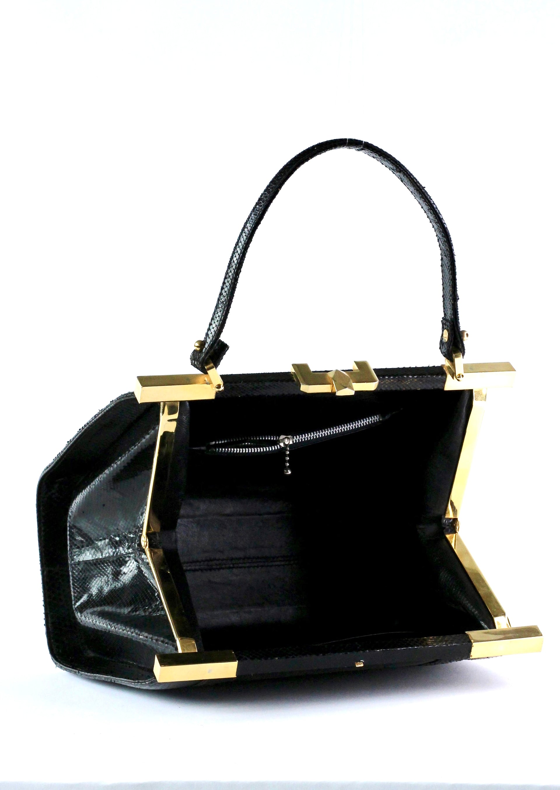 1950s Vintage Black Leather Top Handle Bag