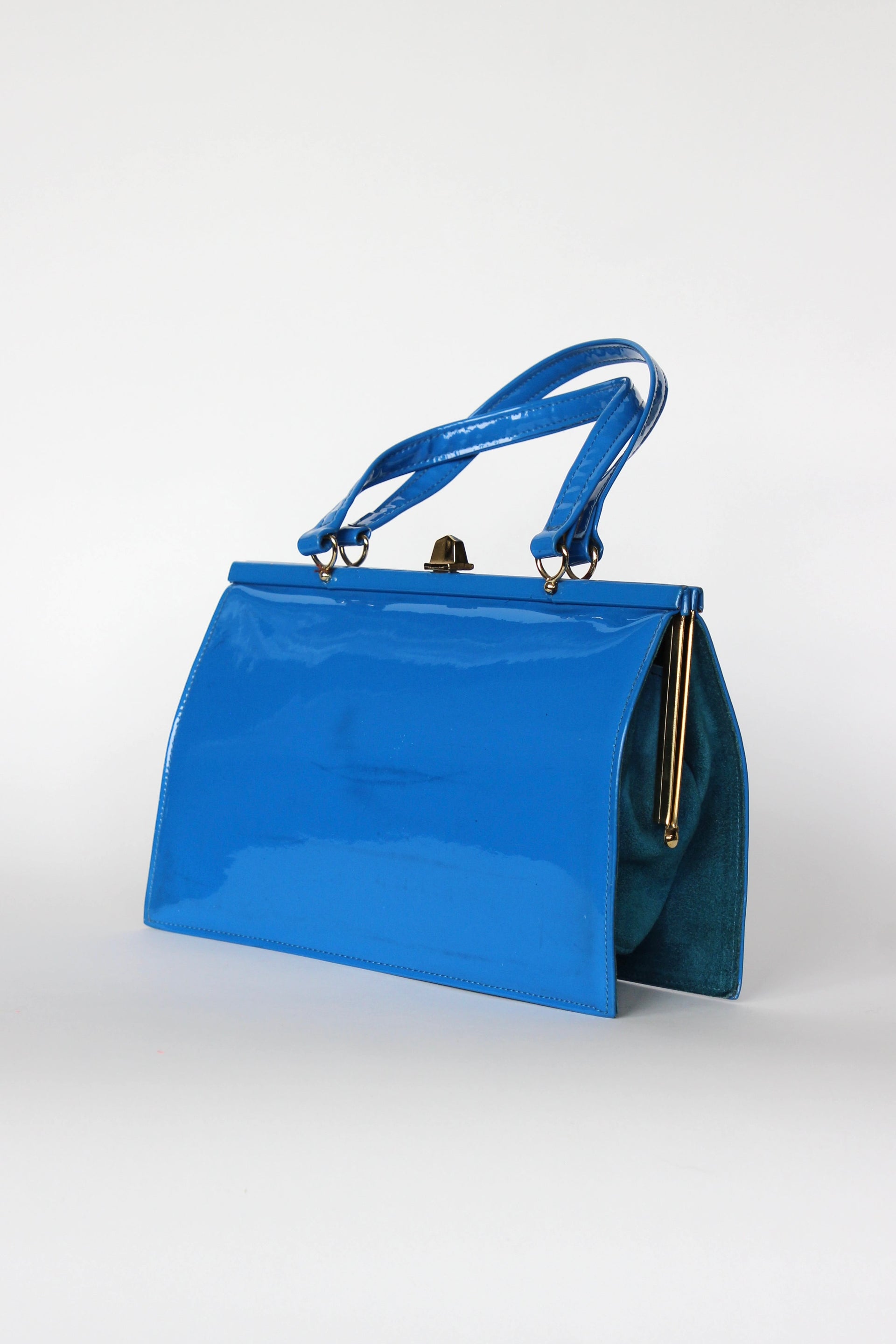 1960s 1970s Vintage Blue Suede and Patent Vinyl Purse Top Handle Bag/Purse