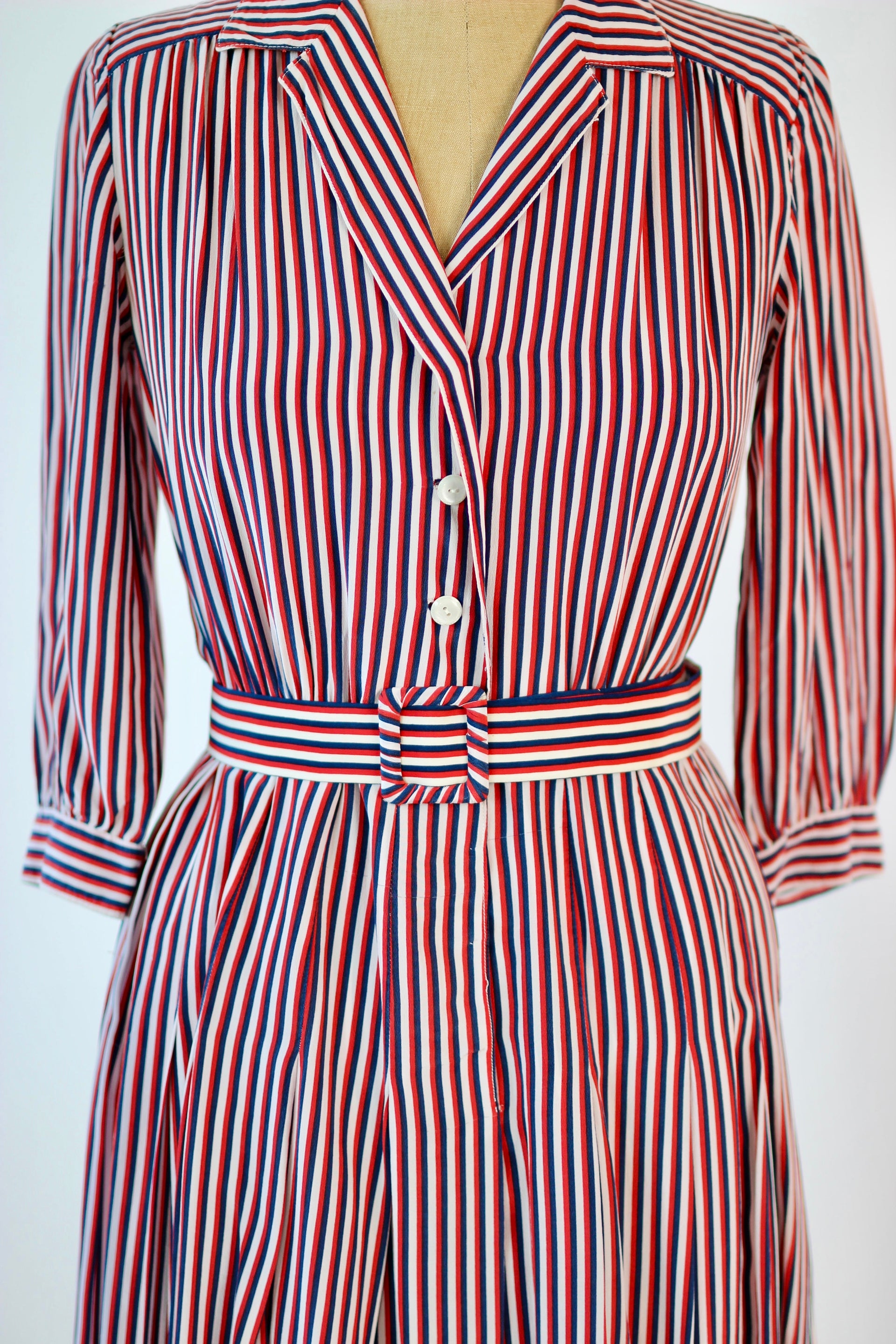 1940s Striped Silk Dress in Red, White and Blue // Size M