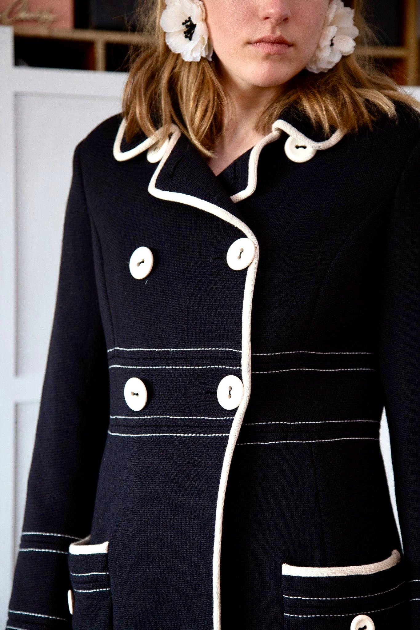 1960s Vintage Lusia Spagnoli Black and Ivory Wool Mod Coat//Size M