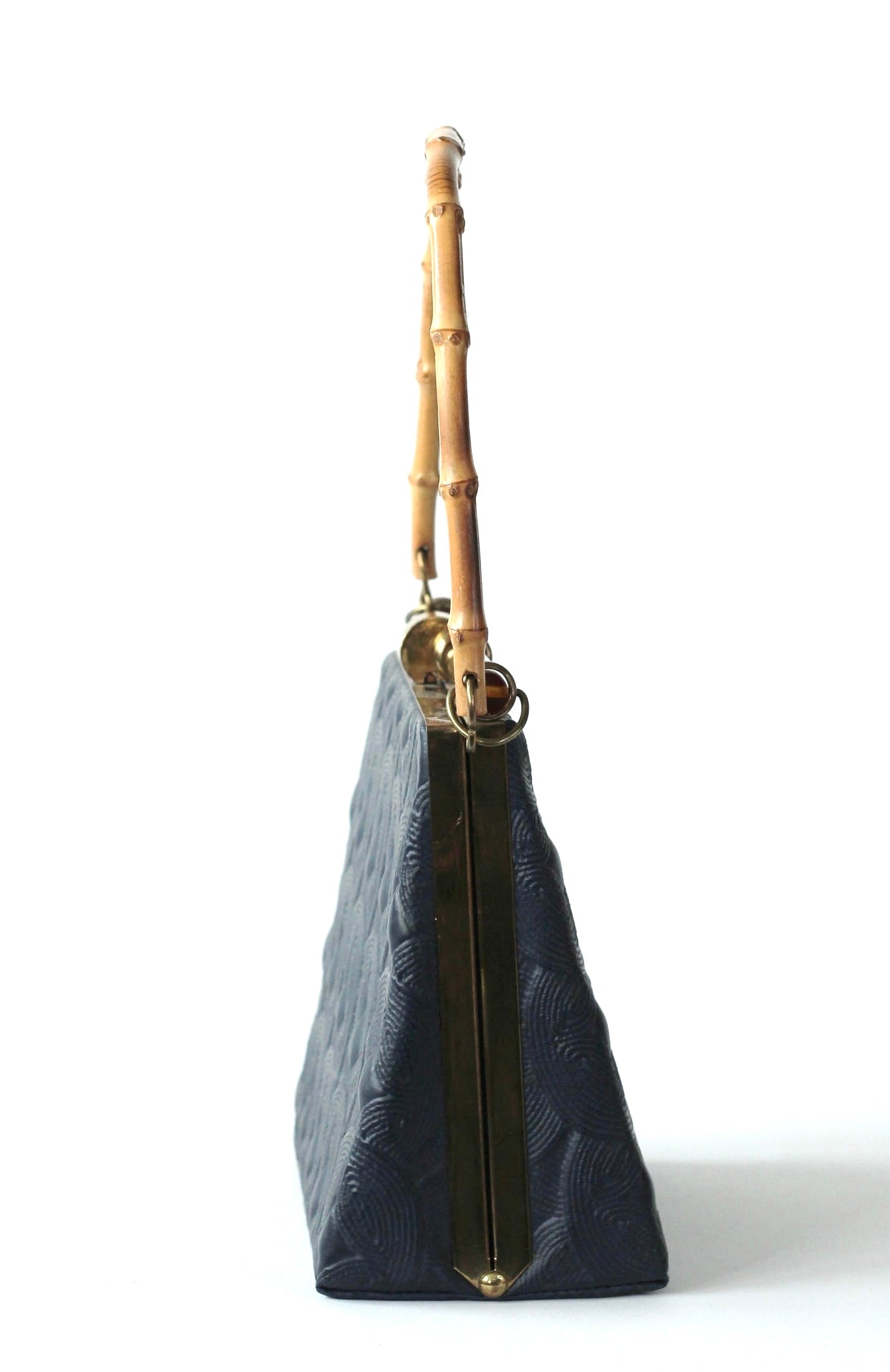 1950s Blue Vinyl Box Bag with Bamboo Handle