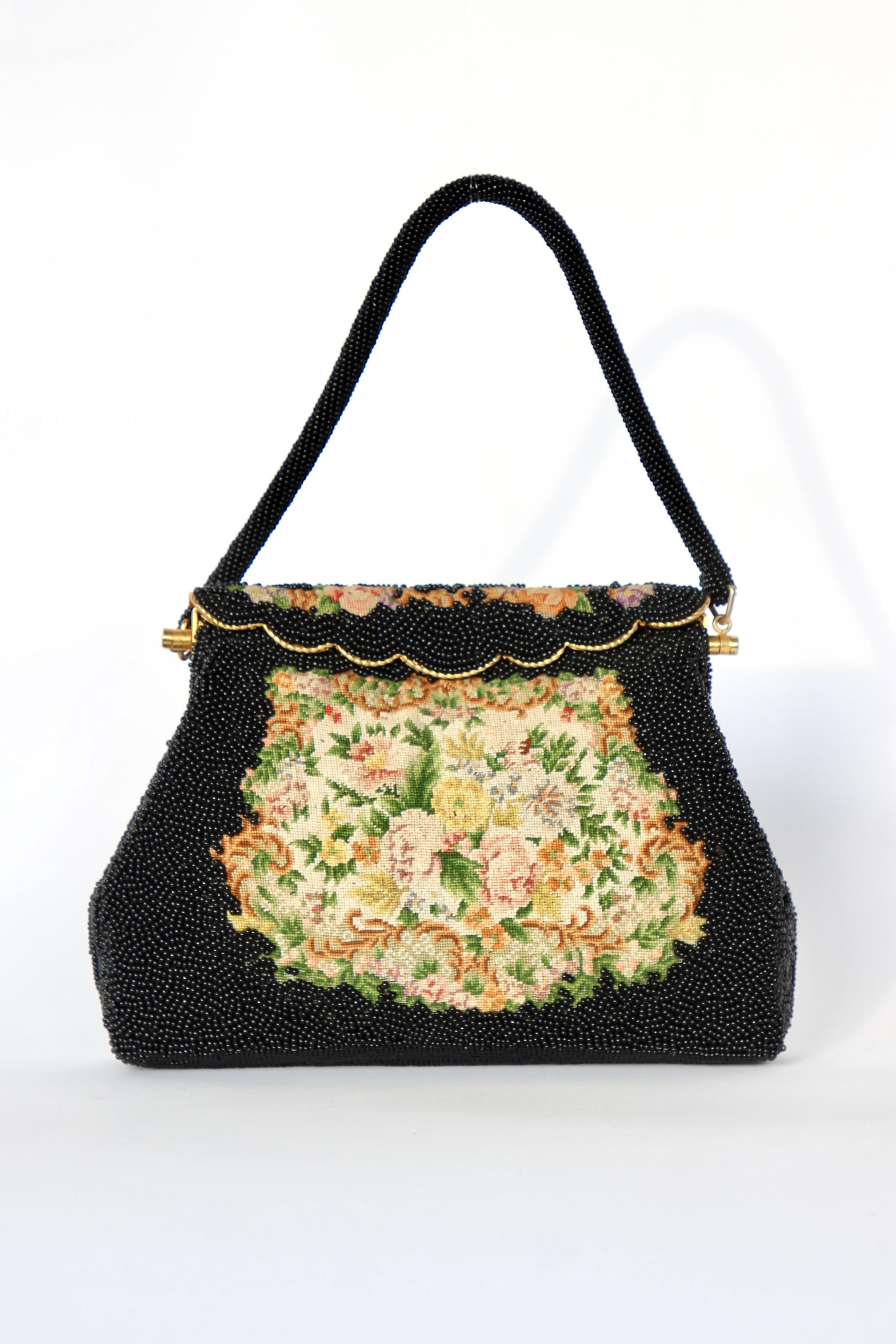 1940s 1950s Vintage Black Beaded & Floral Petit Point Evening Bag