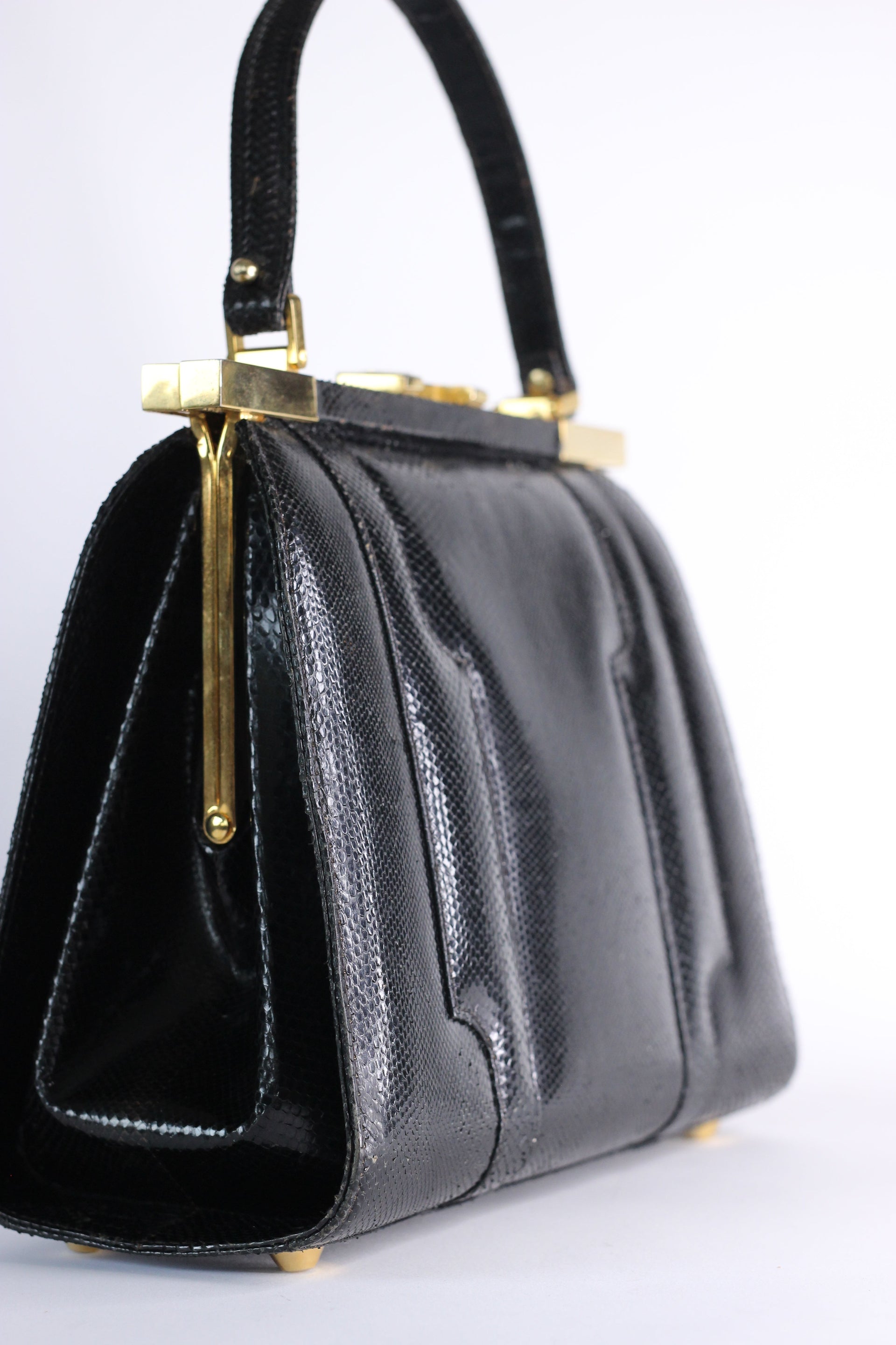 1950s Vintage Black Leather Top Handle Bag