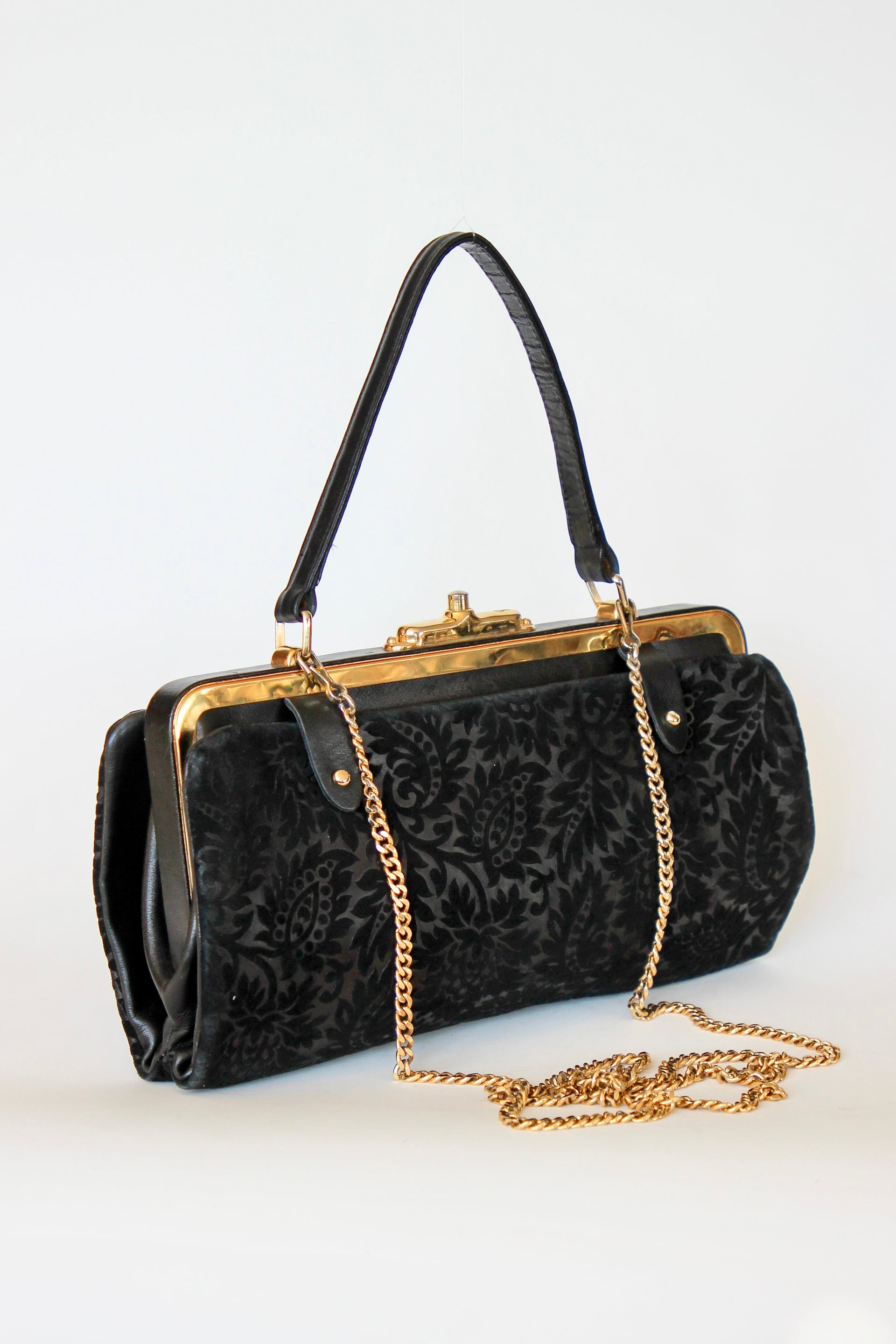 1960s Black Floral Suede/Leather Top Handle Bag/Shoulder Bag