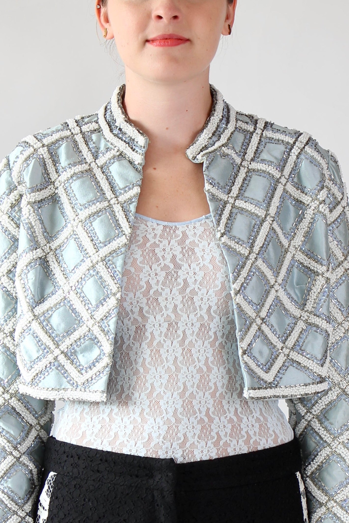 1950s 1960s Vintage Ice Blue Beaded Cropped Jacket/Bolero // Size S/M