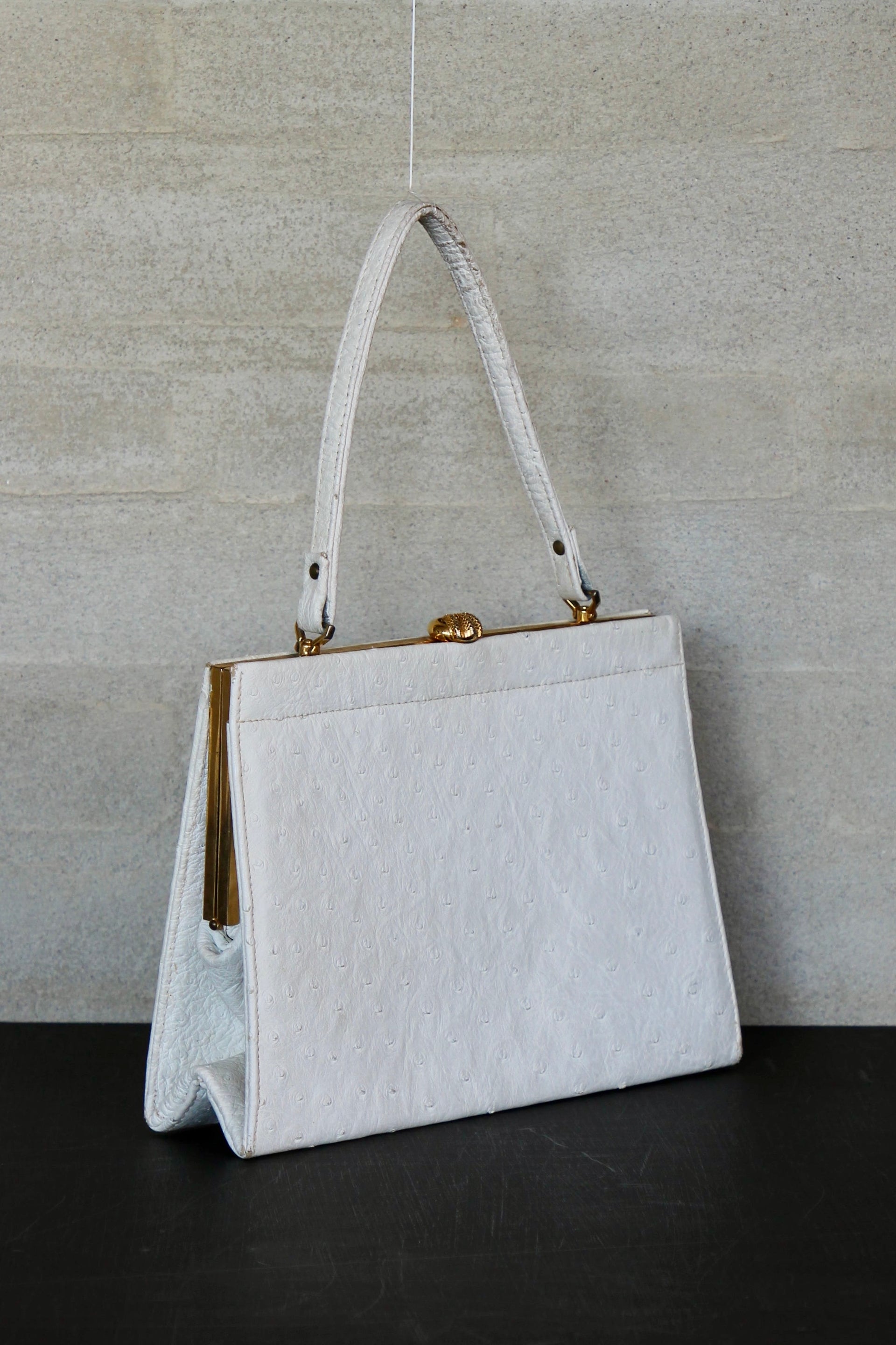 1960s Vintage White Ostrich Leather Top Handle Bag/Purse