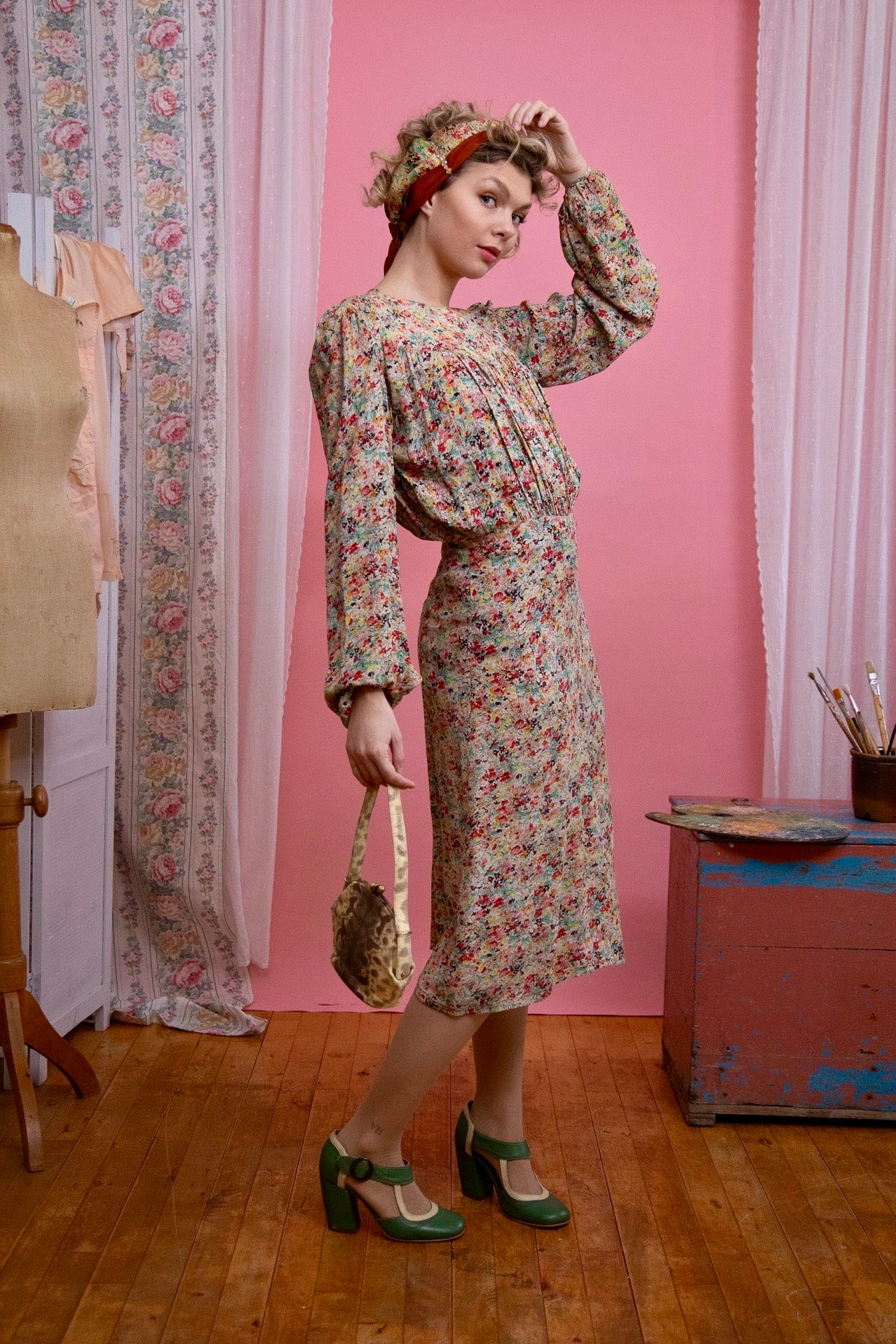 1940s Vintage Rayon Dress with Flower Print // Size M