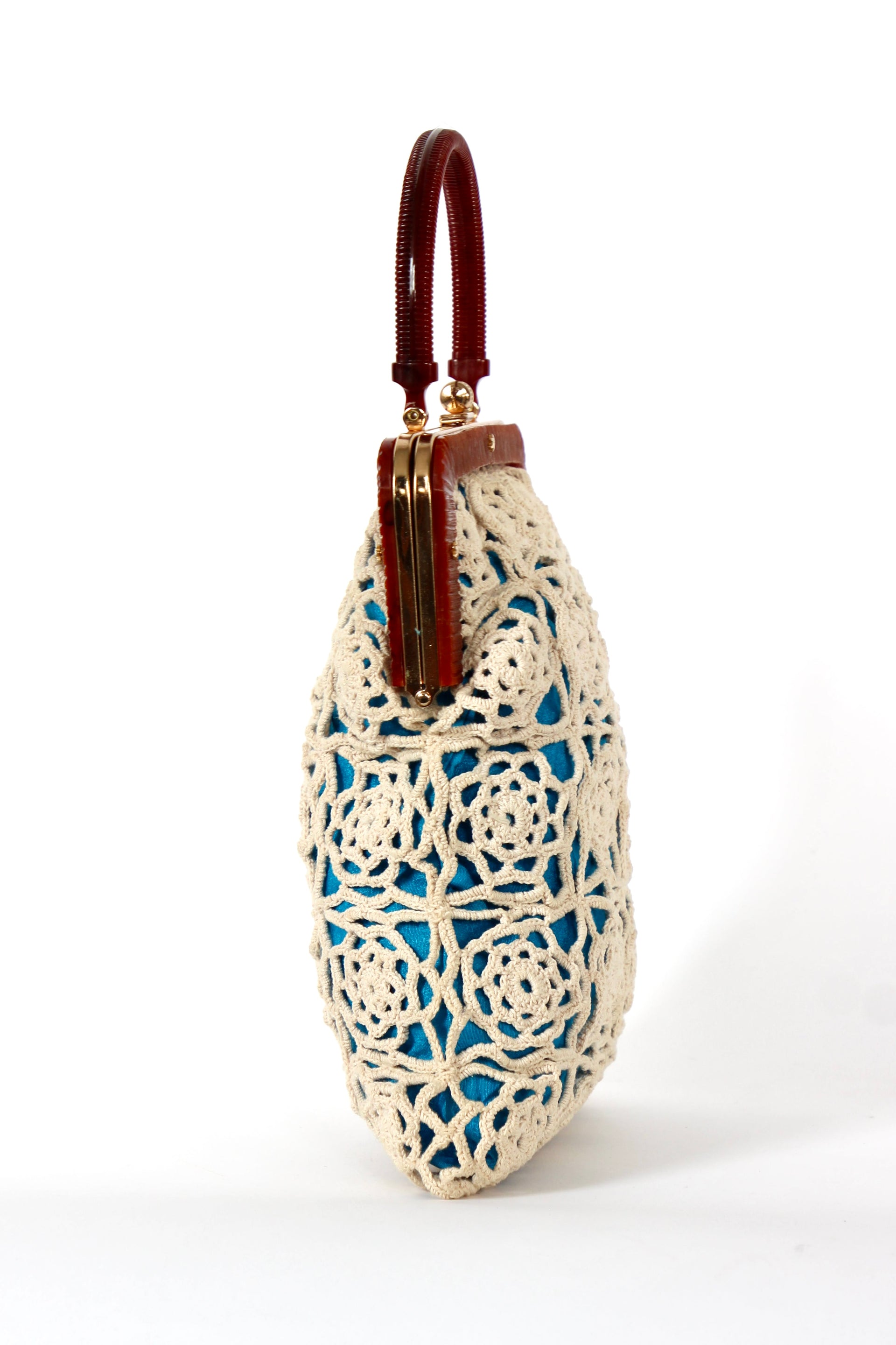 1960s Vintage Handmade Crochet Bag with Plastic Handle and Frame