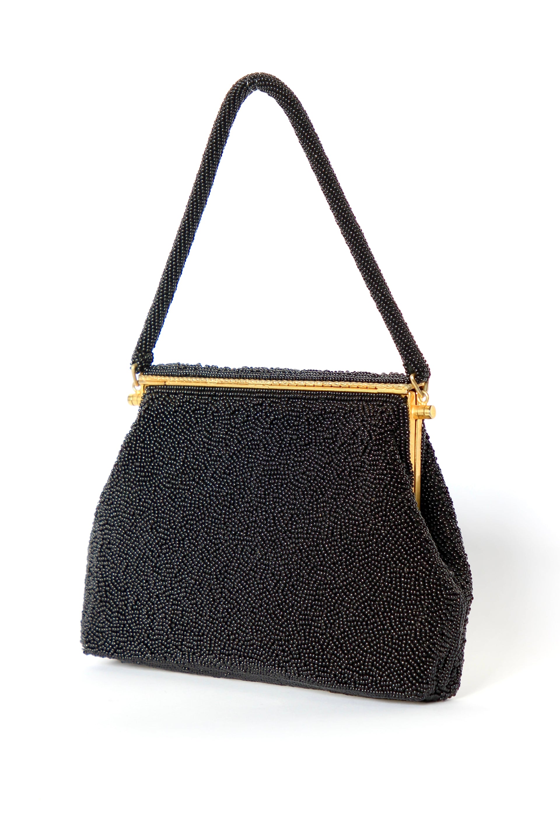 1940s 1950s Vintage Black Beaded & Floral Petit Point Evening Bag