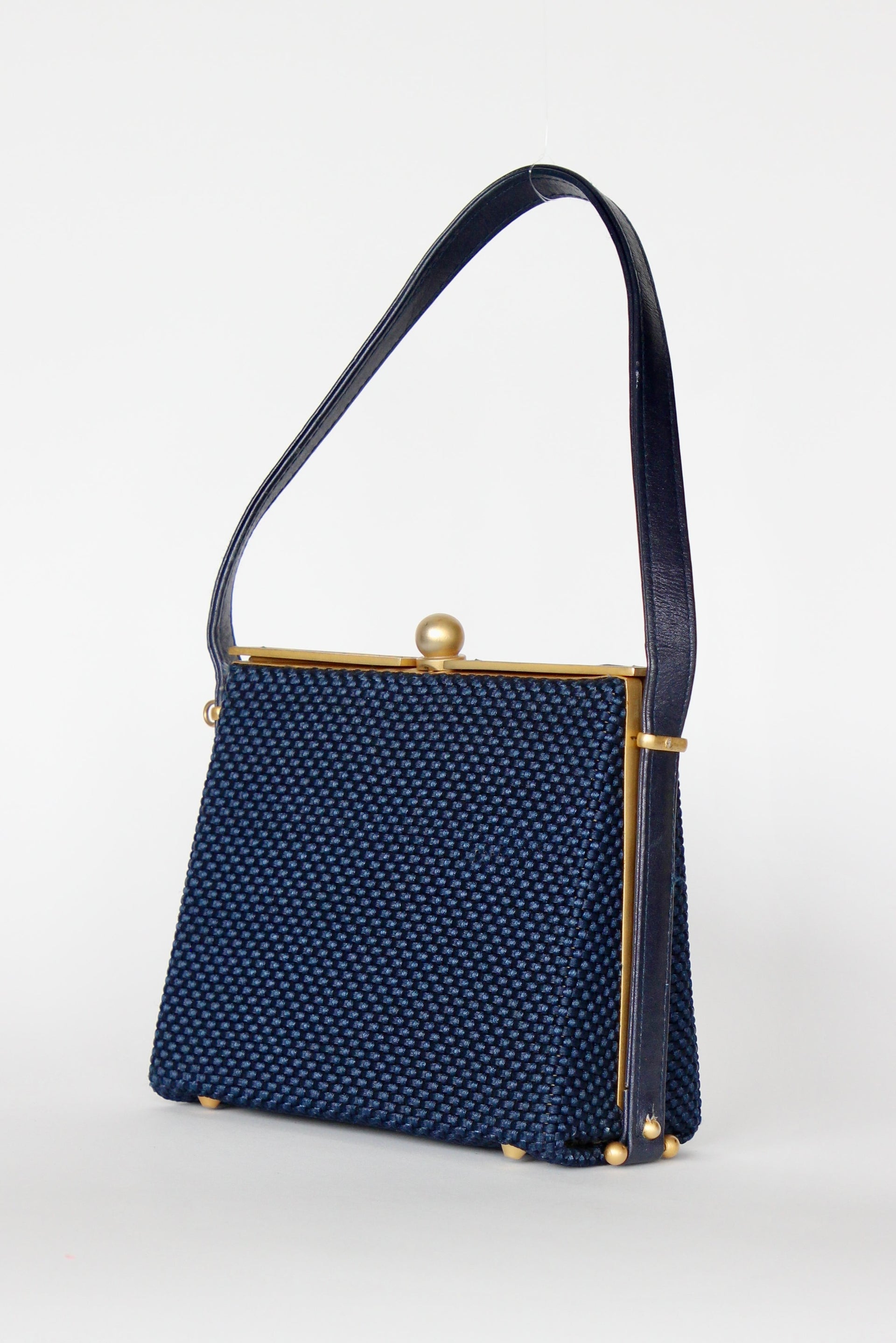 1950s 1960s Vintage Navy Blue Vinyl Top Handle Bag/Purse