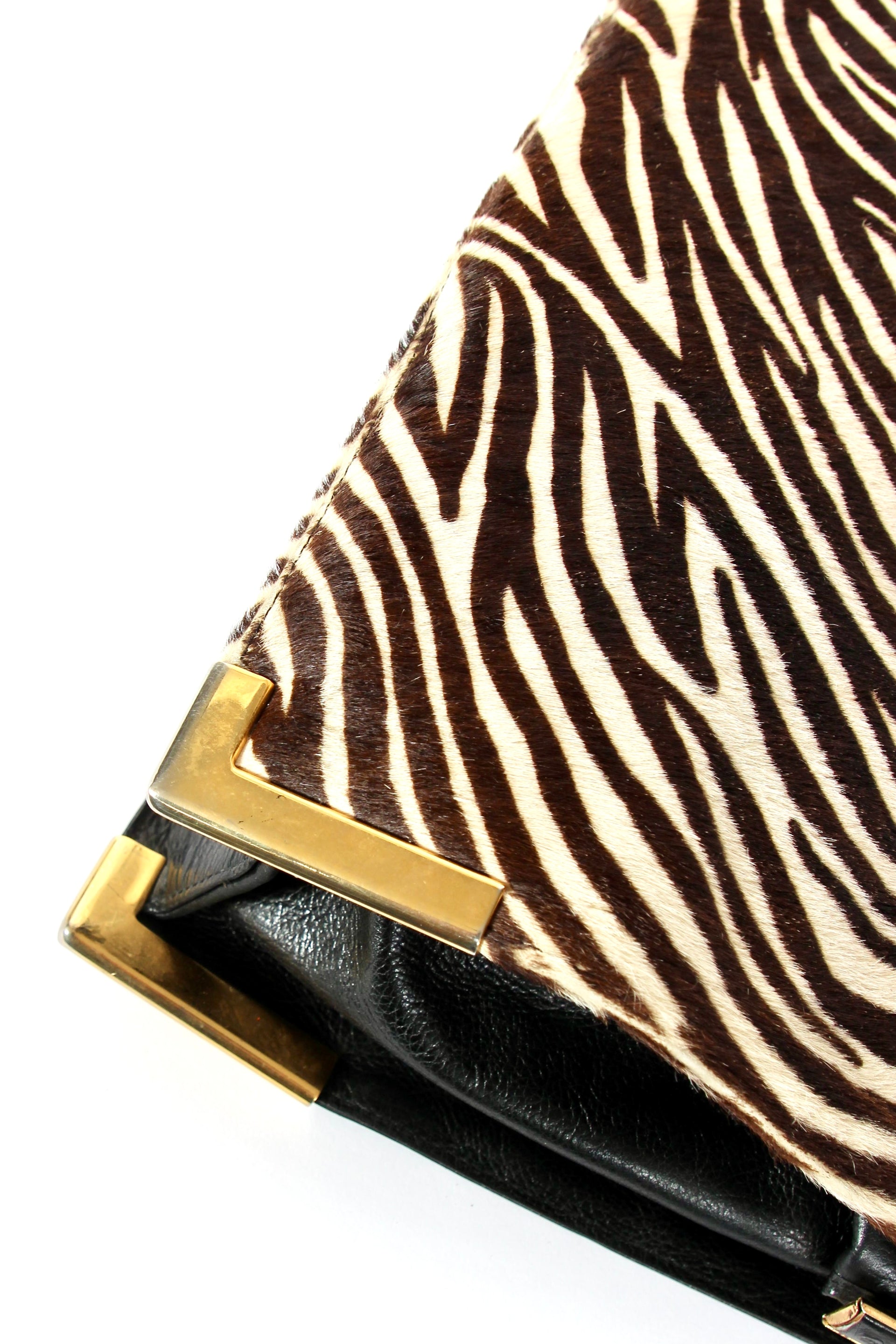 1960s Vintage Bon Goût Black Leather Top Handle Bag with Zebra Pattern Fur
