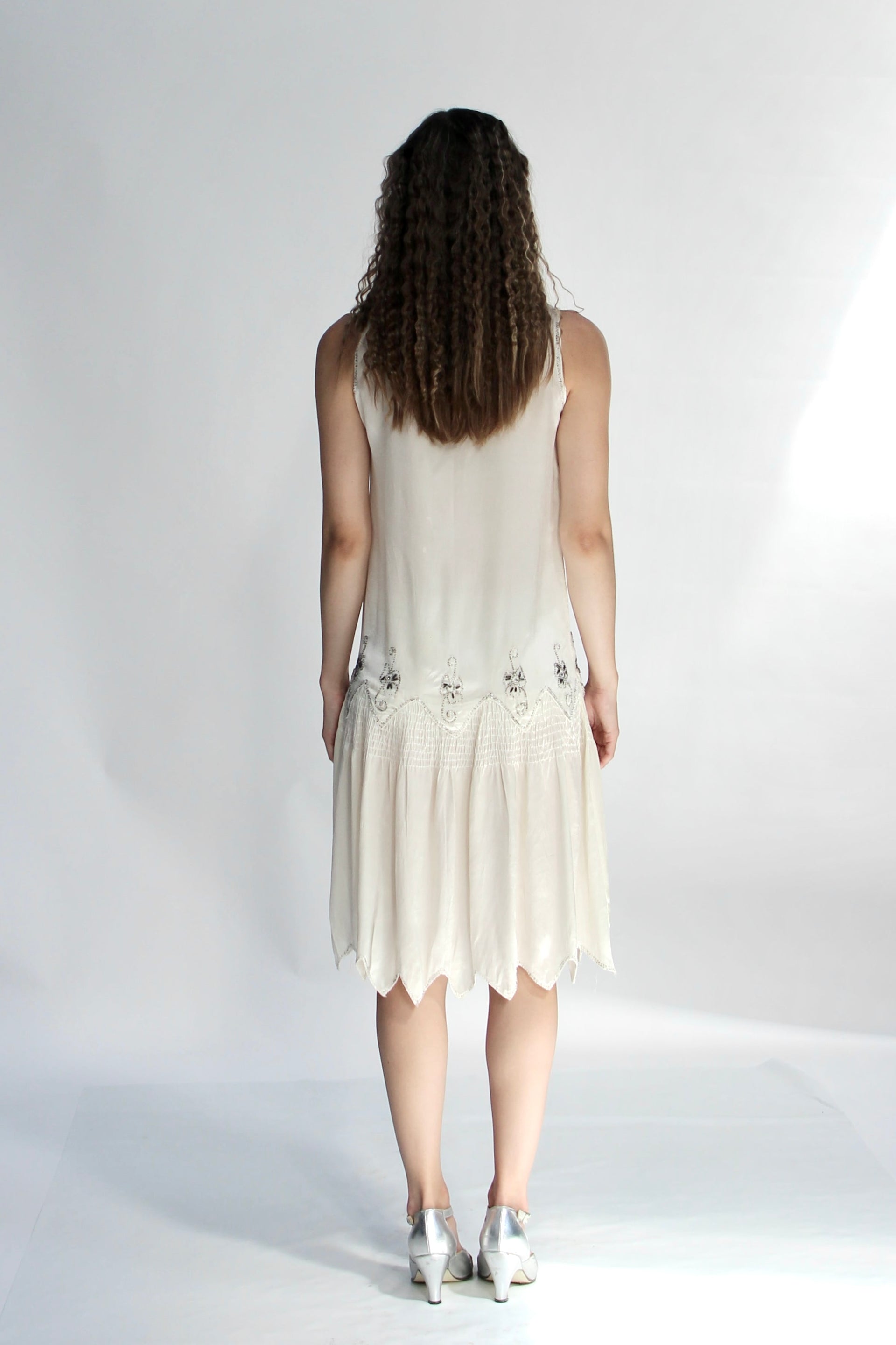 1920s White Silk Dress with Glass Beads and Rhinestones