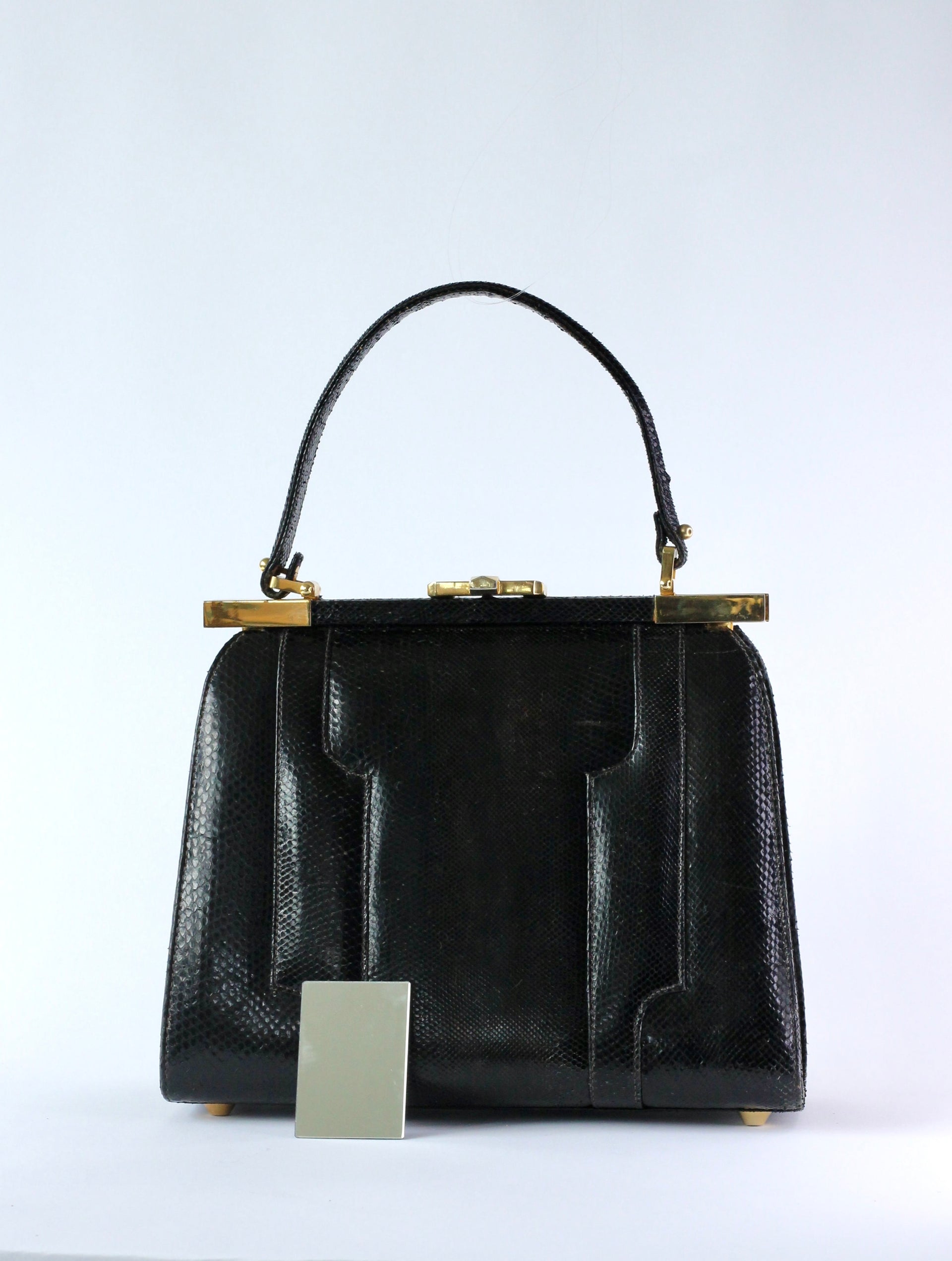1950s Vintage Black Leather Top Handle Bag