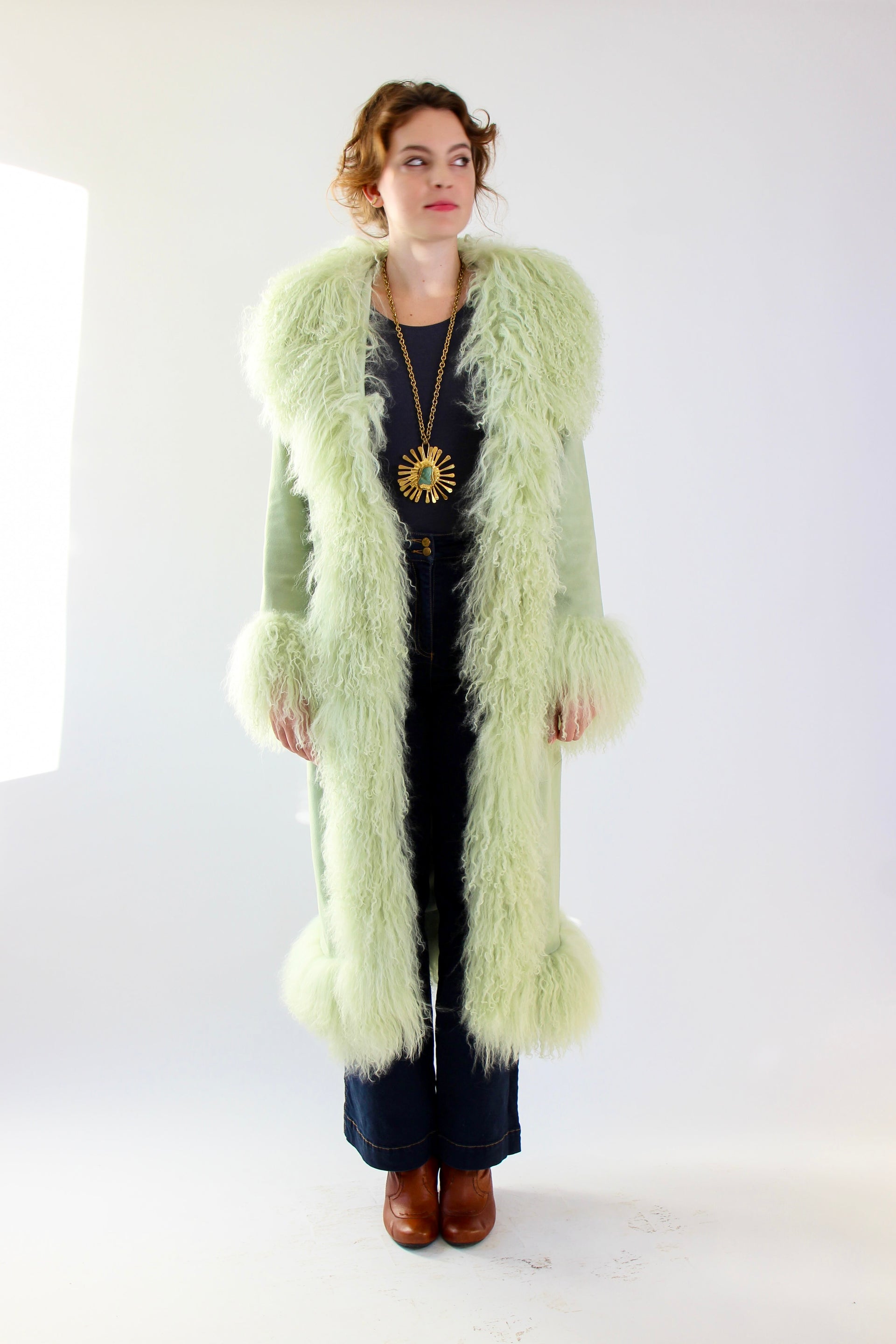 Mint Green Suede Leather Coat with Mongolian Sheep Fur