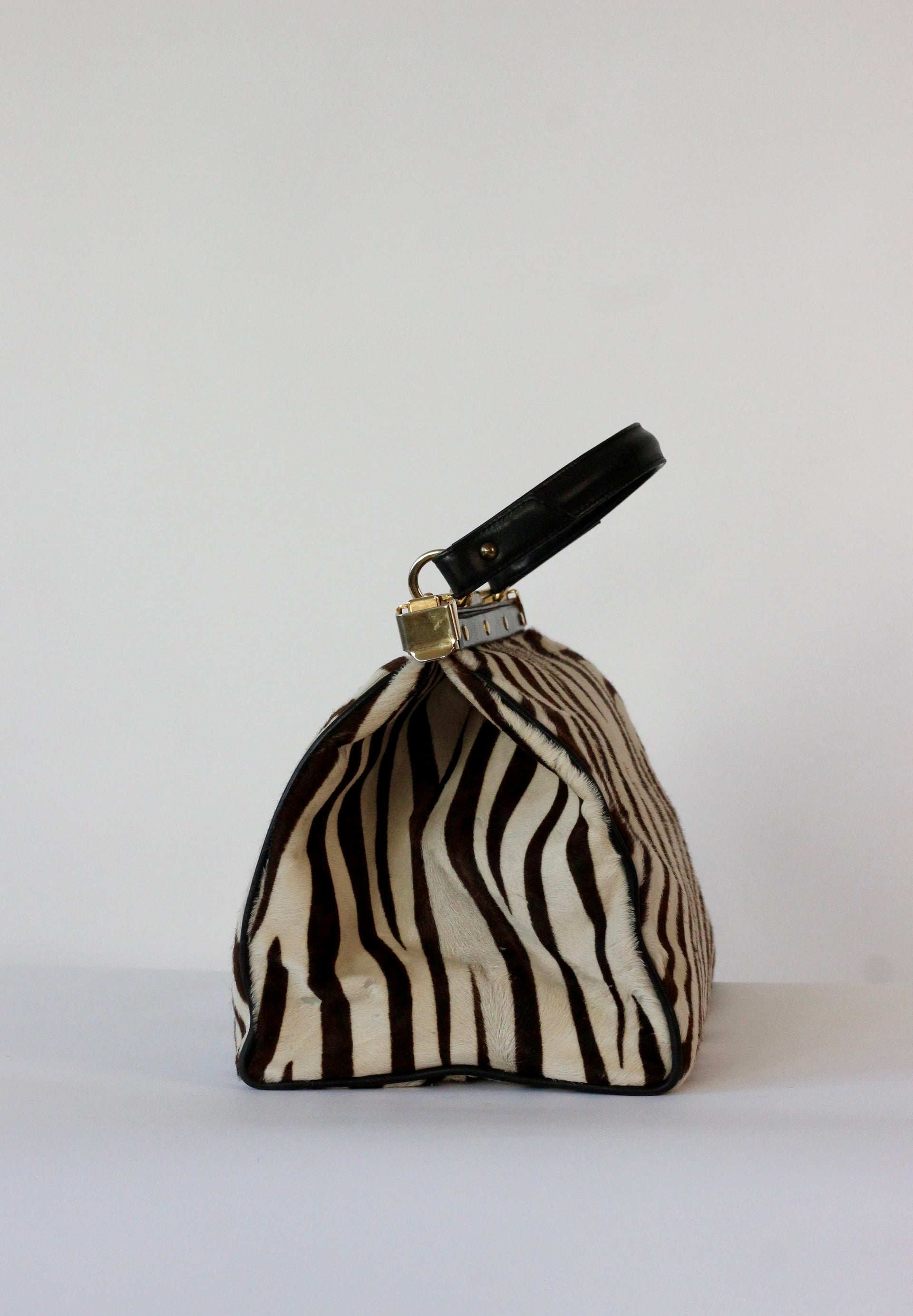 1950S 1960s Black Leather Top Handle Bag with Zebra Pattern Fur//Danish Design