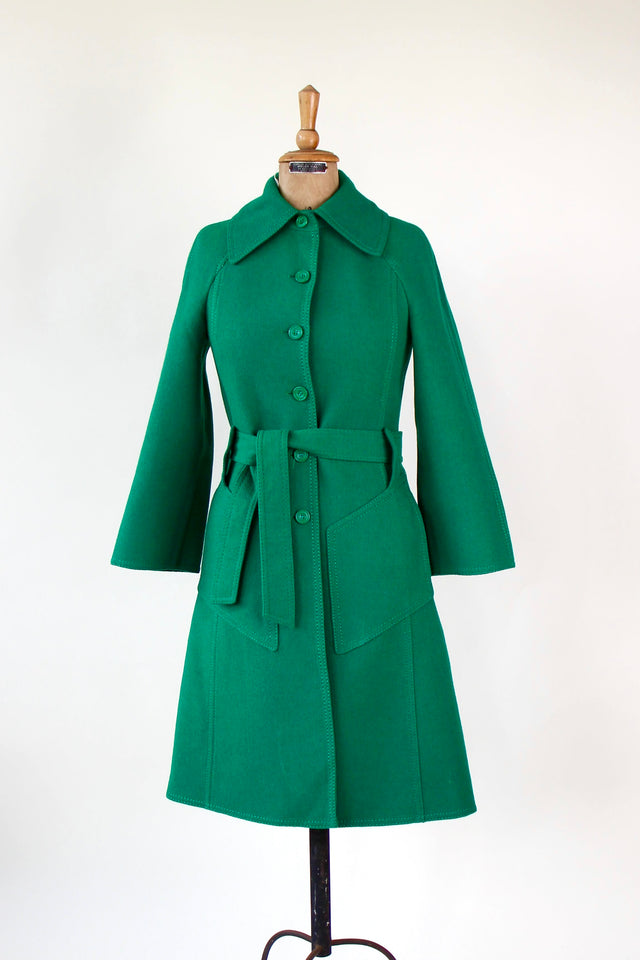 1970s Vintage Designer Green Wool Mod/Trench Coat // Size M