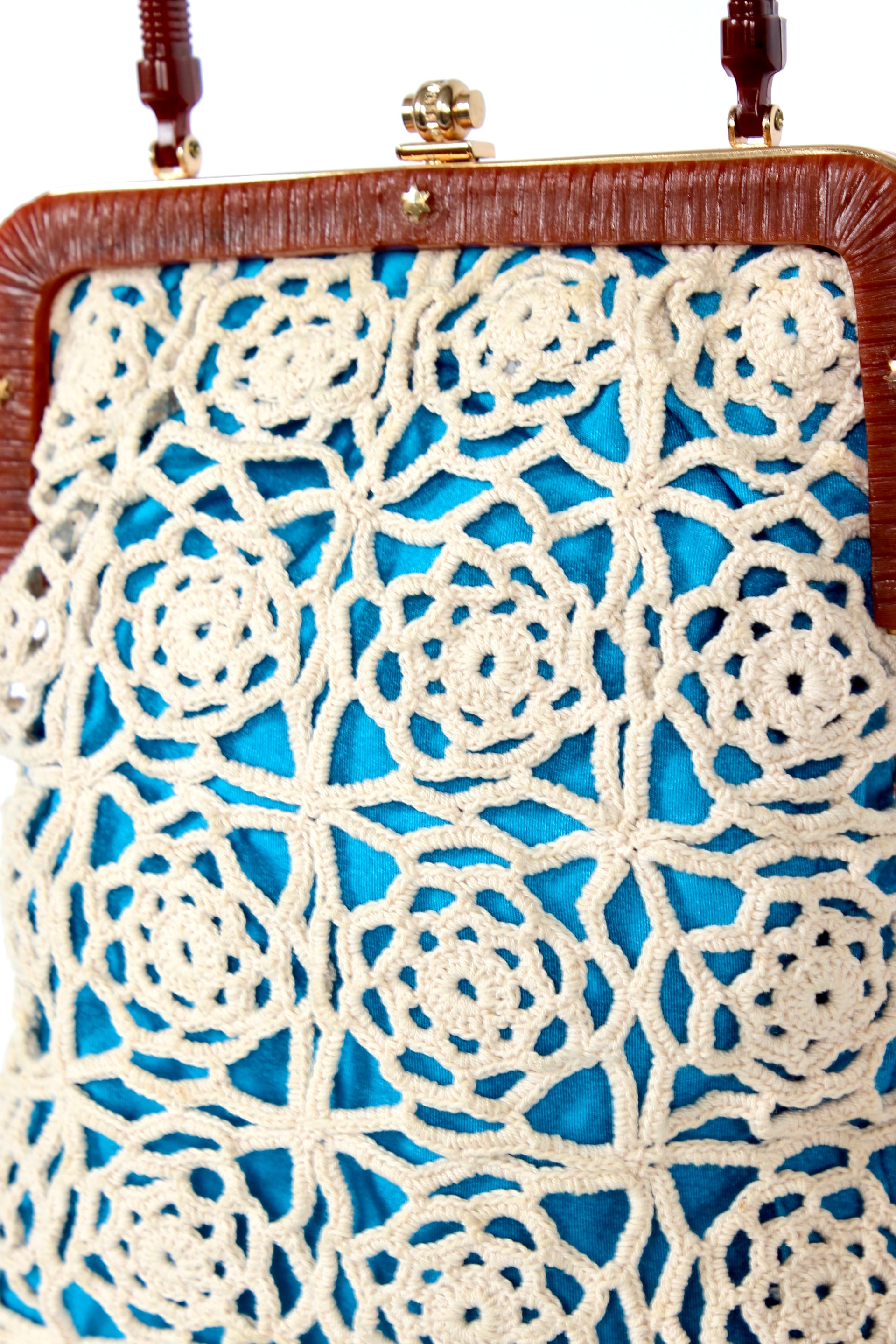 1960s Vintage Handmade Crochet Bag with Plastic Handle and Frame