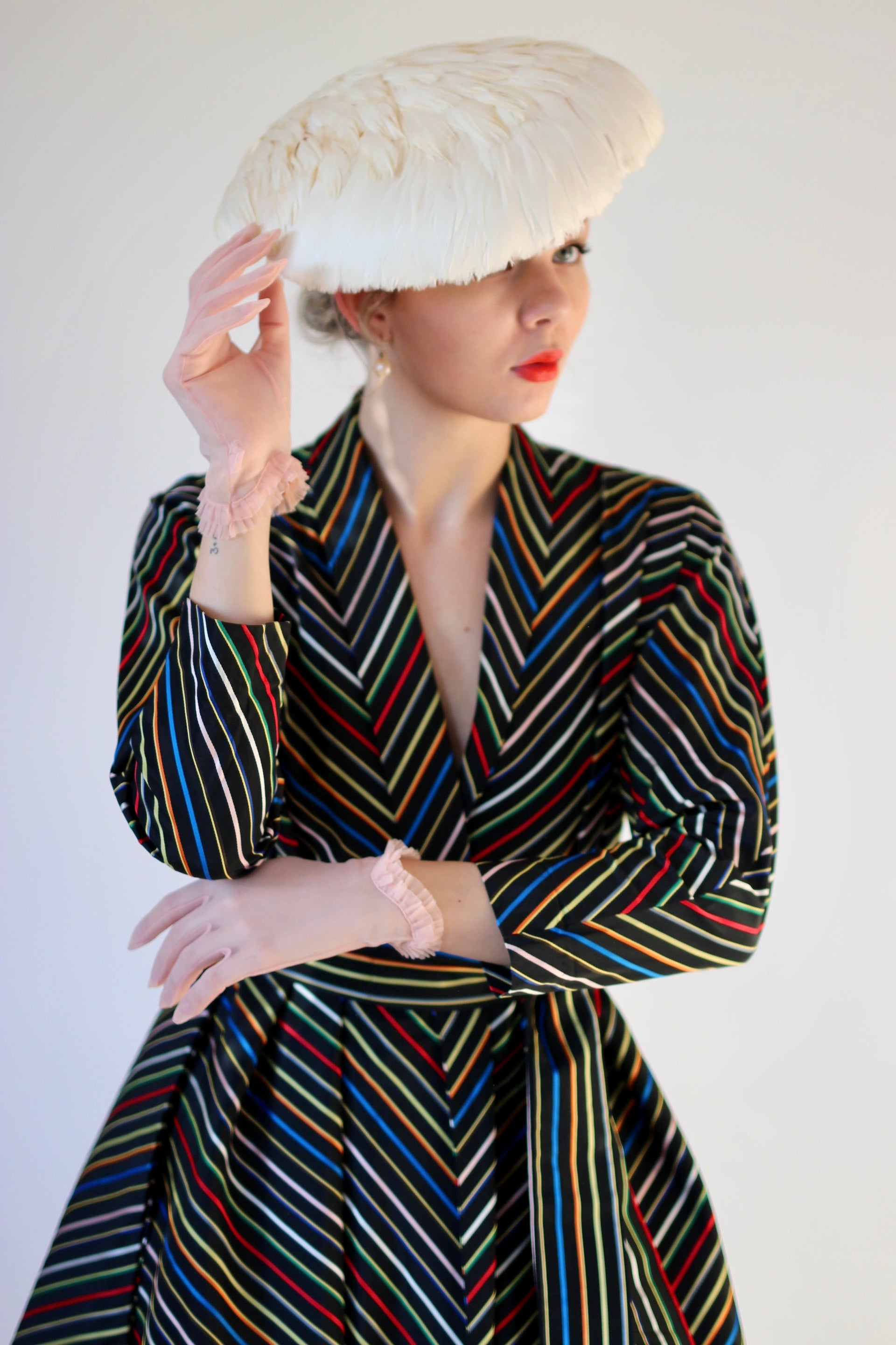 1940s Vintage Black Rainbow Striped Wrap Shirt Dress//Size S-L