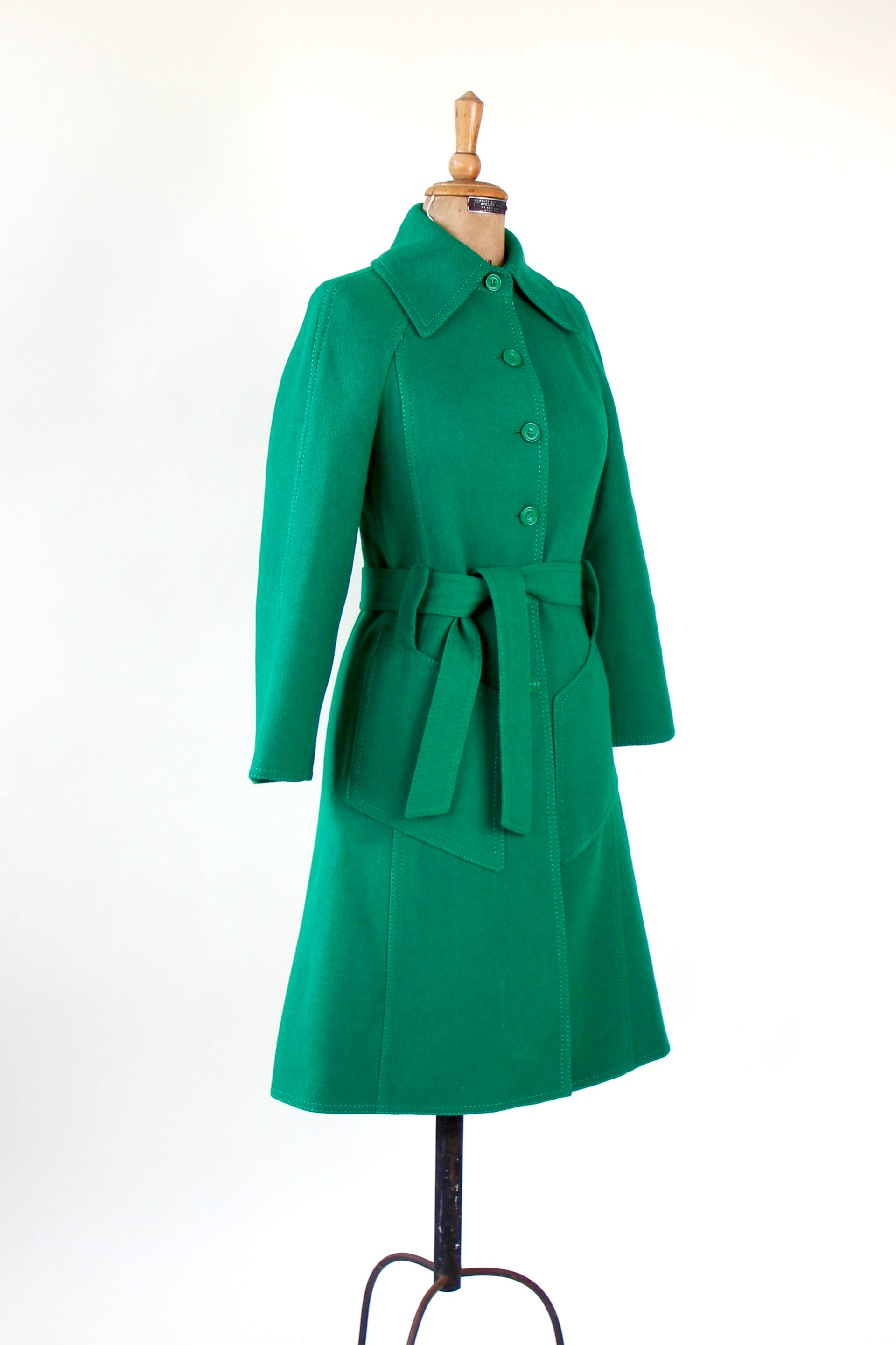 1970s Vintage Designer Green Wool Mod/Trench Coat // Size M