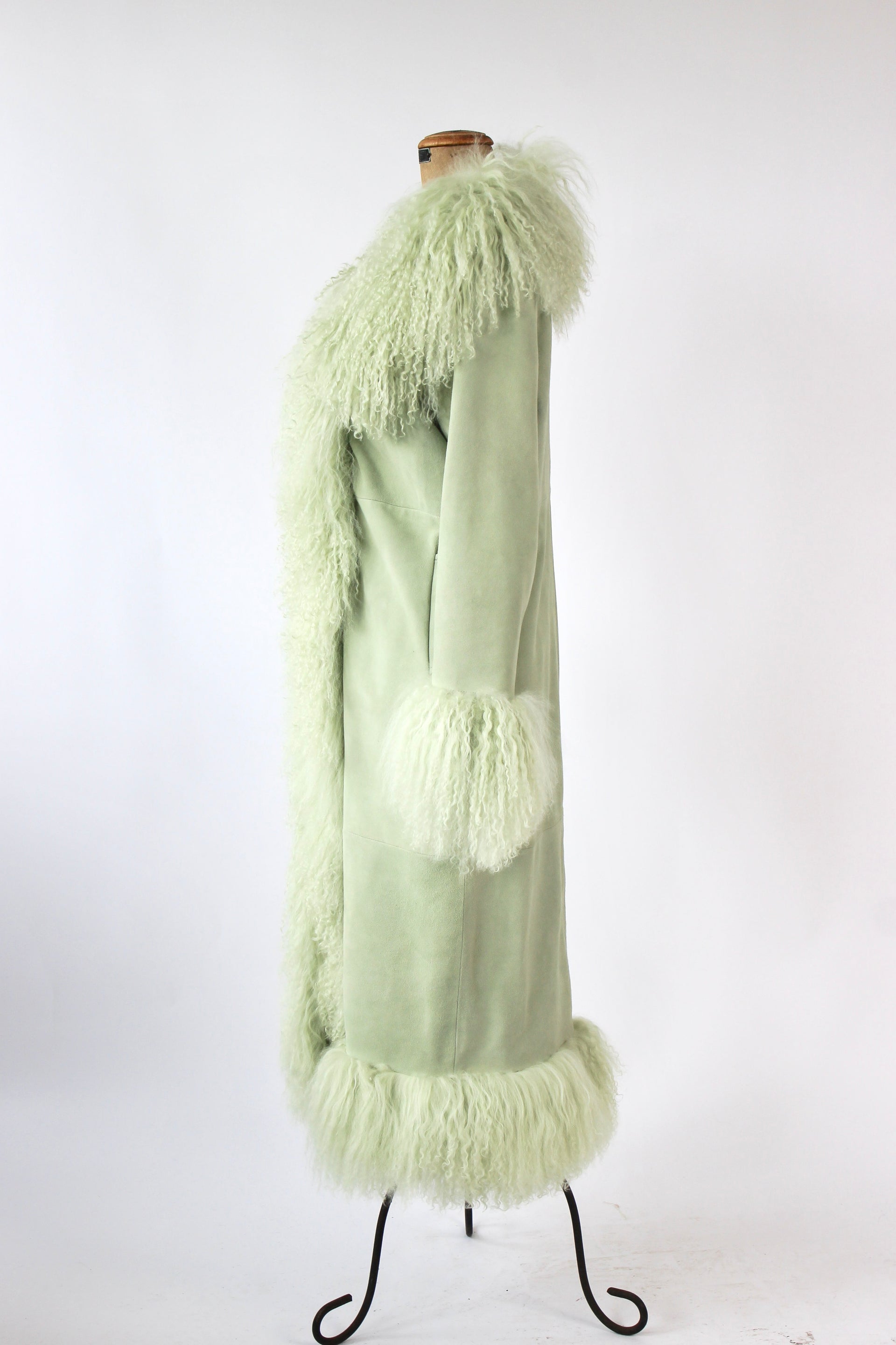 Mint Green Suede Leather Coat with Mongolian Sheep Fur