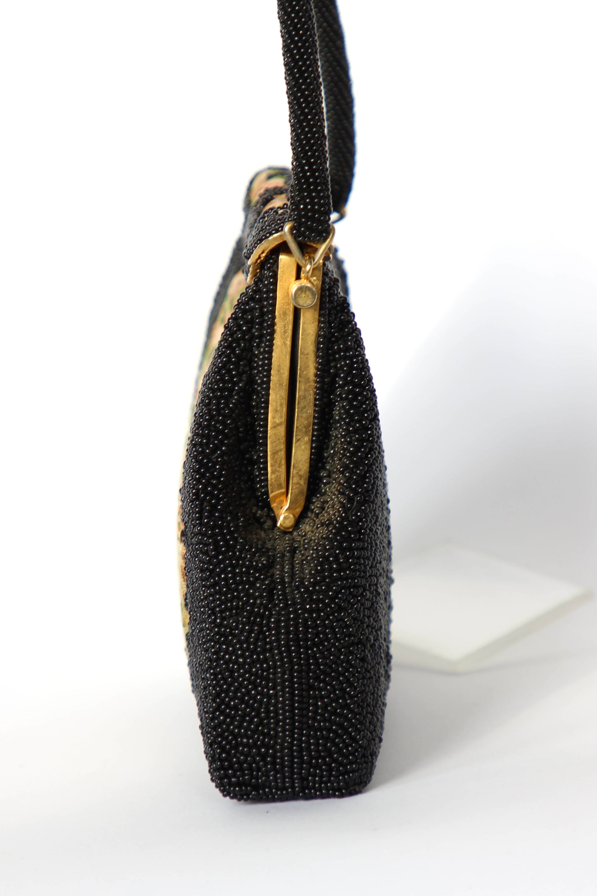 1940s 1950s Vintage Black Beaded & Floral Petit Point Evening Bag