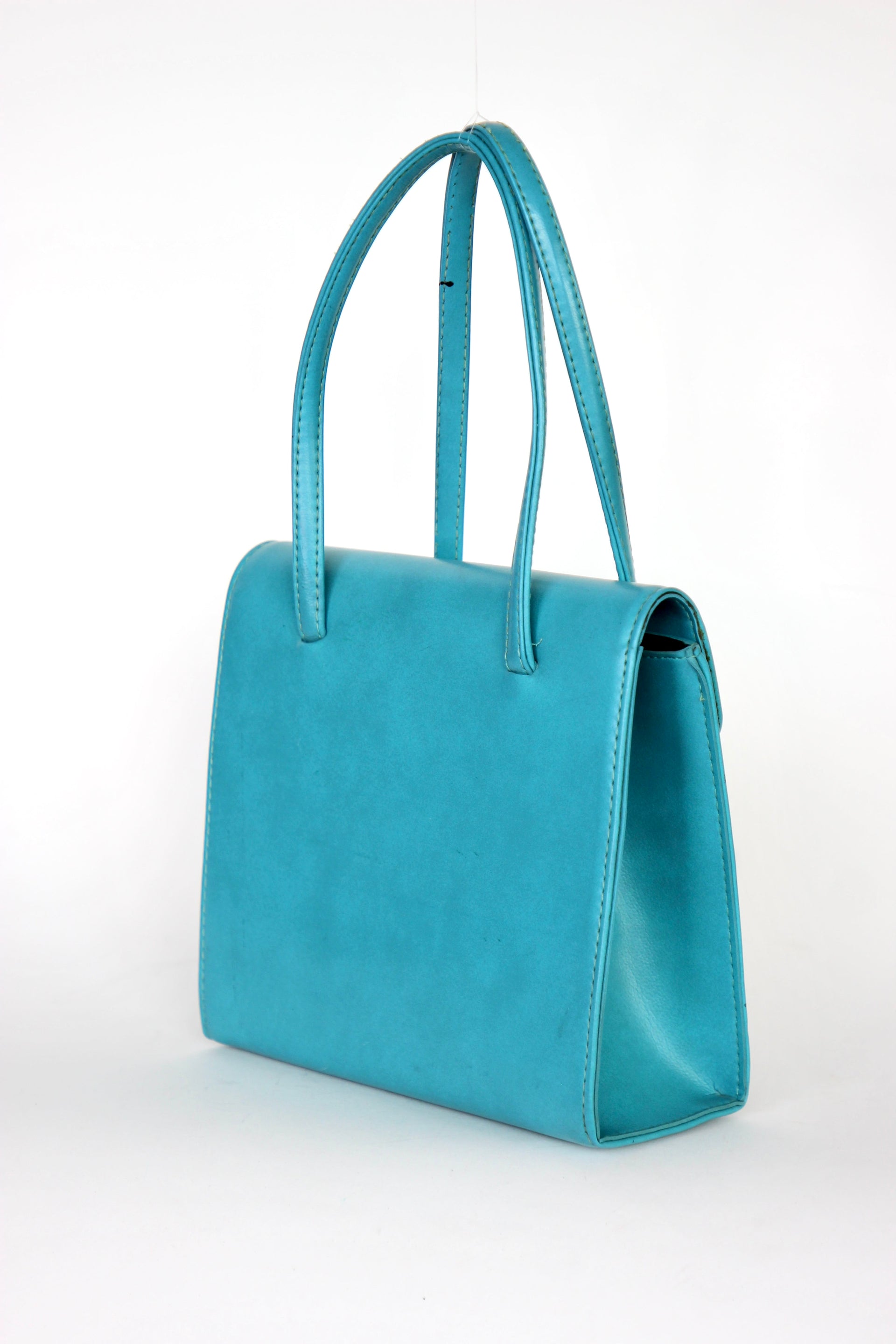 1970s Vintage Blue Vinyl Purse / Top Handle Bag