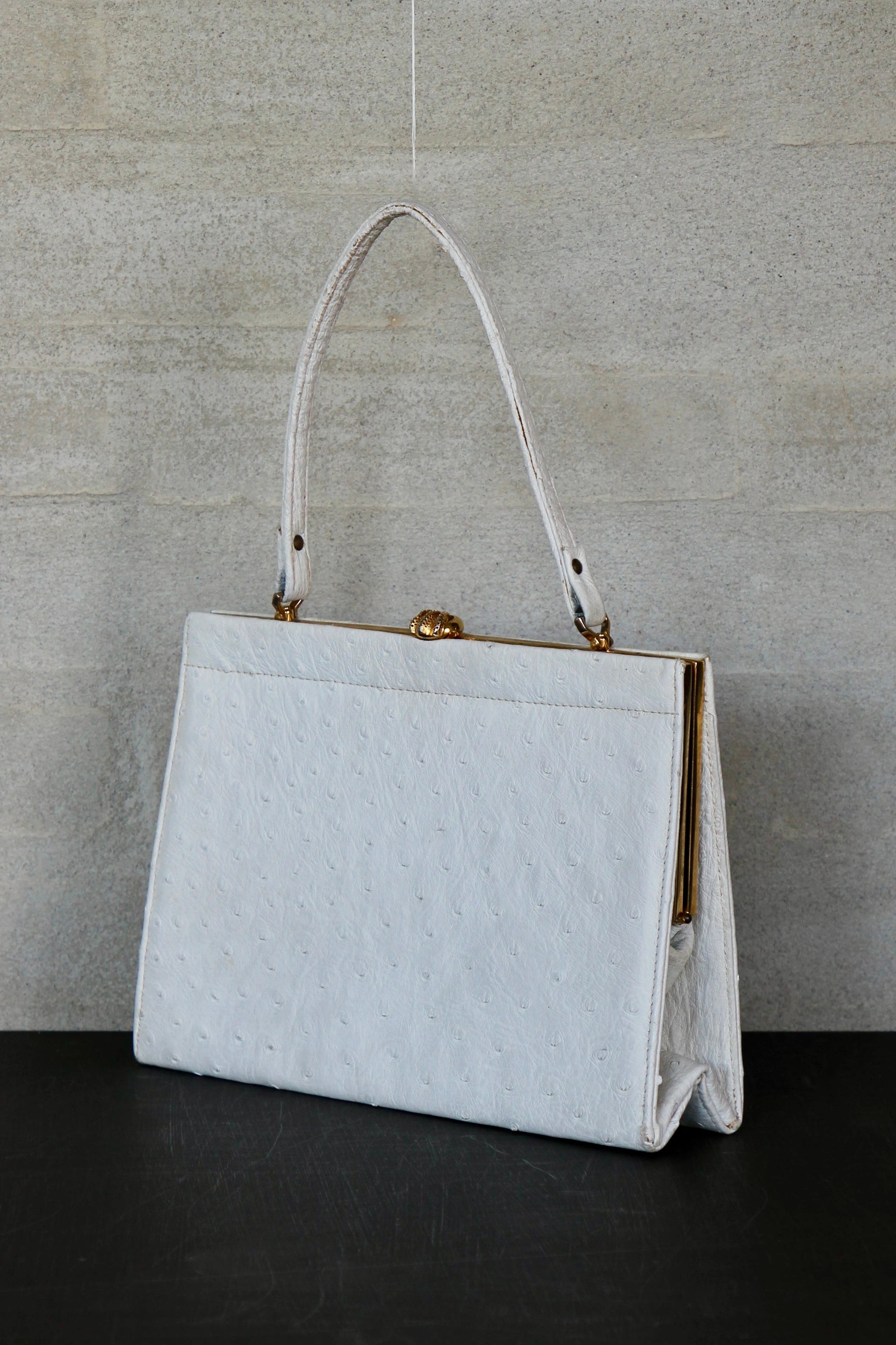 1960s Vintage White Ostrich Leather Top Handle Bag/Purse