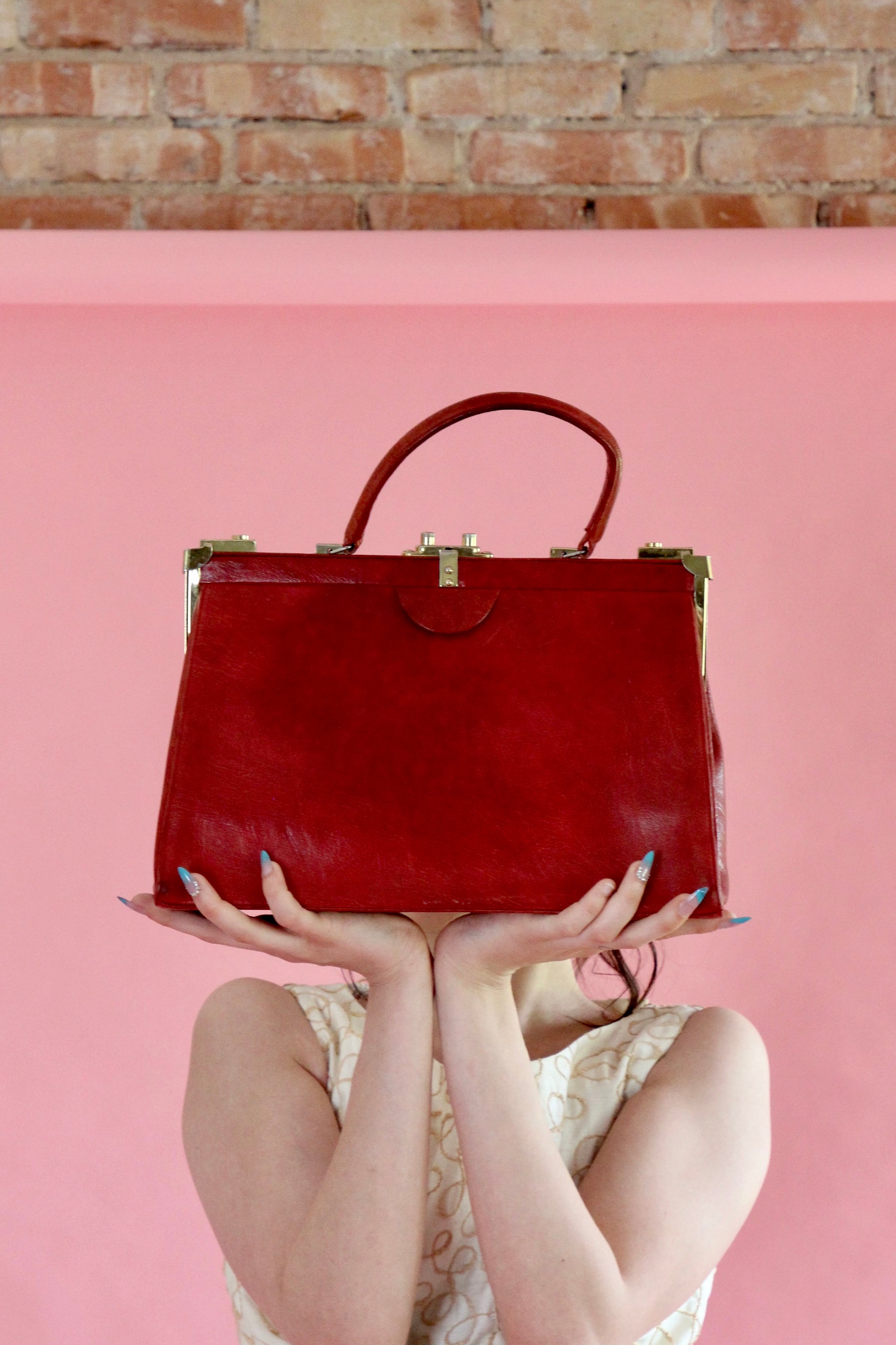 1960s Vintage Large Red Leather Top Handle Bag / Made in France