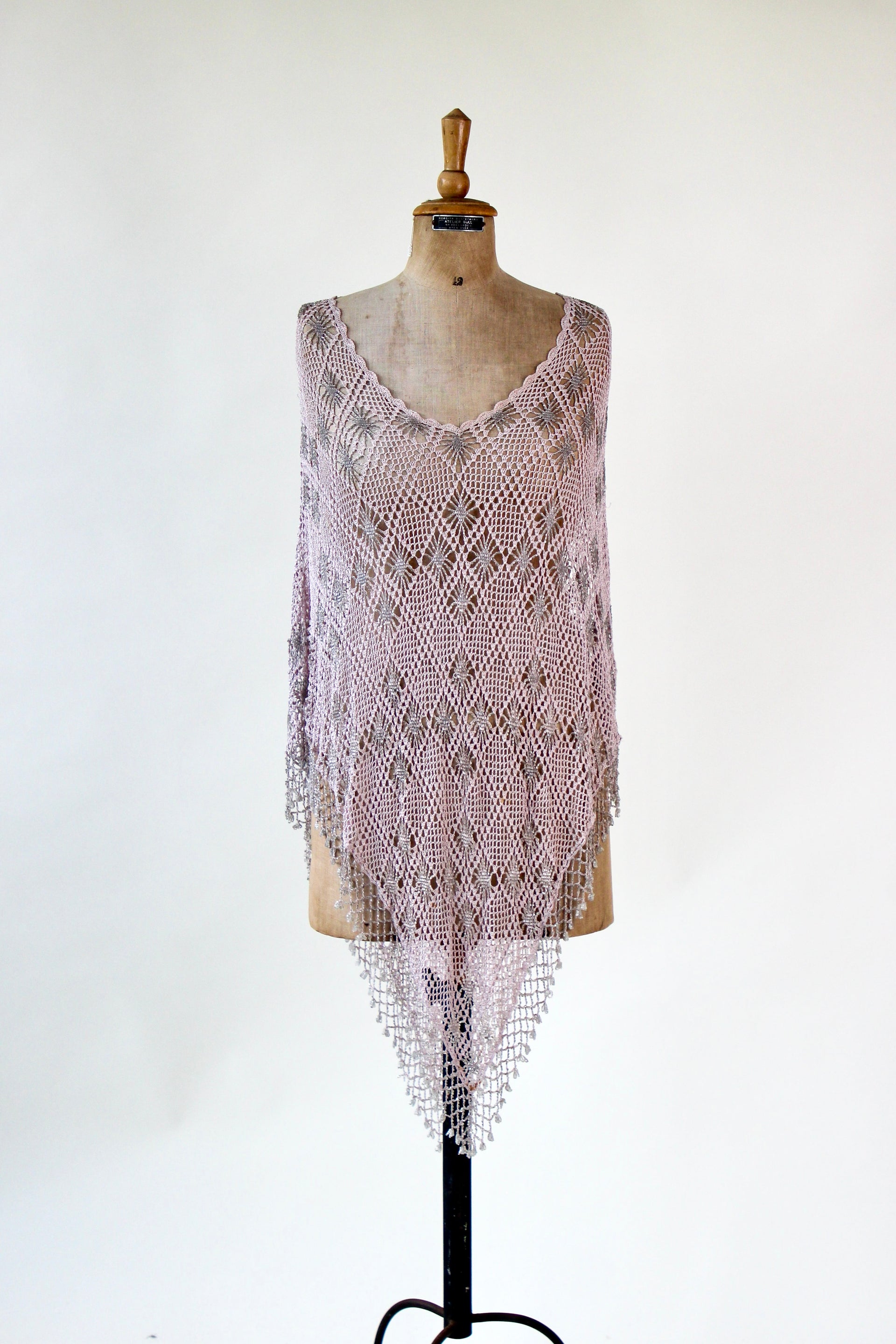 Vintage Pale Pink Beaded Crochet Poncho