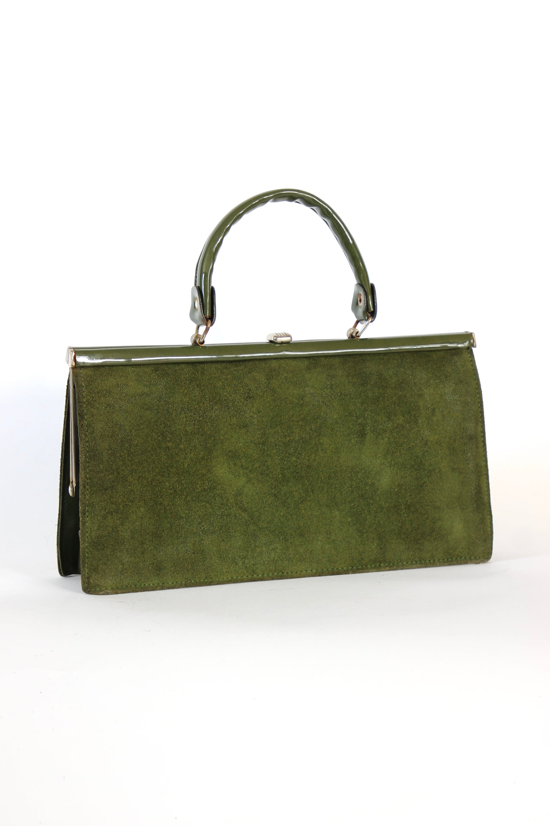 1960s Vintage Green Suede and Vinyl Top Handle Bag