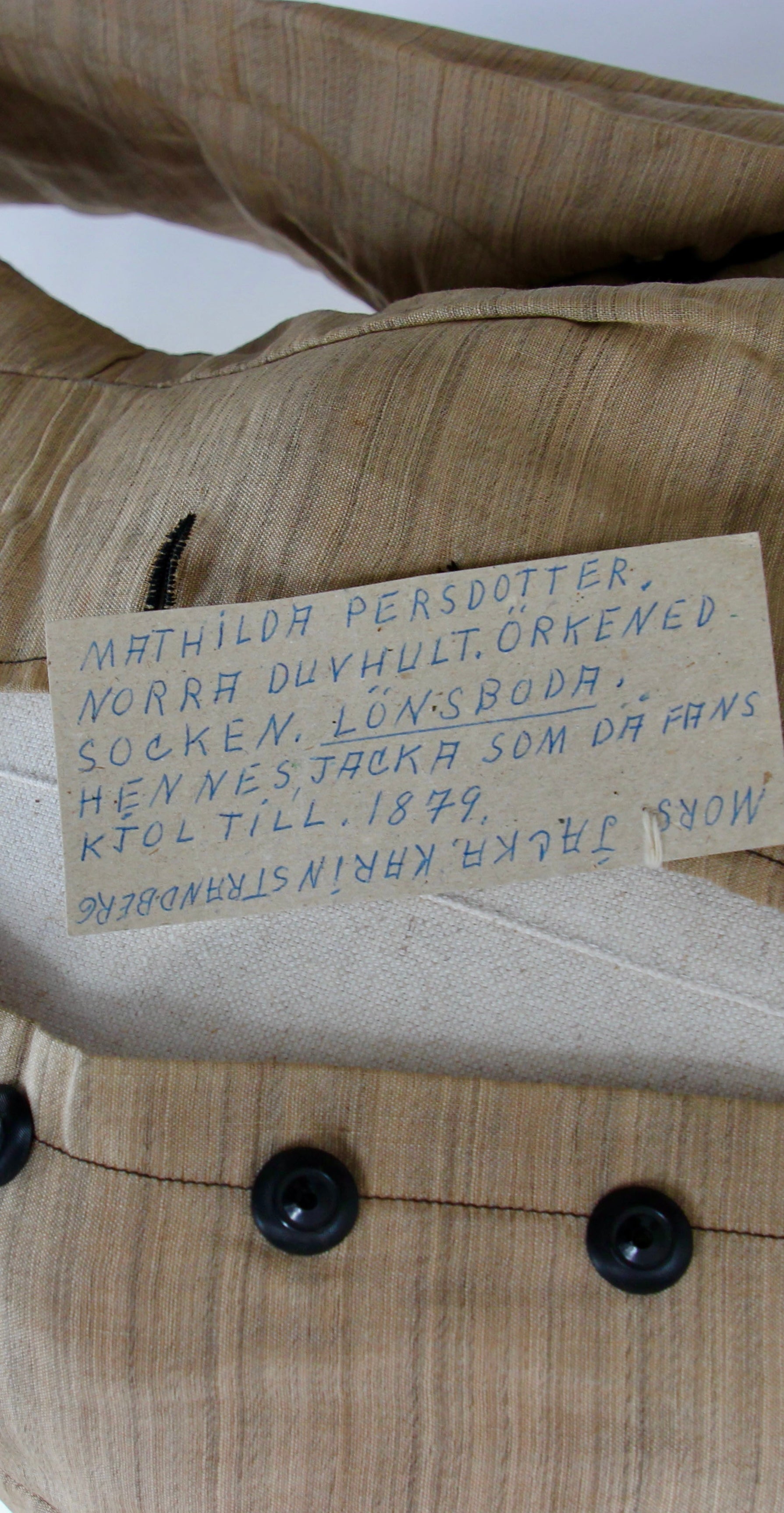 1879s Antique Victorian Beige Jacket with Black Collar and Cuffs Owned by Karin Strandberg, Sweden.