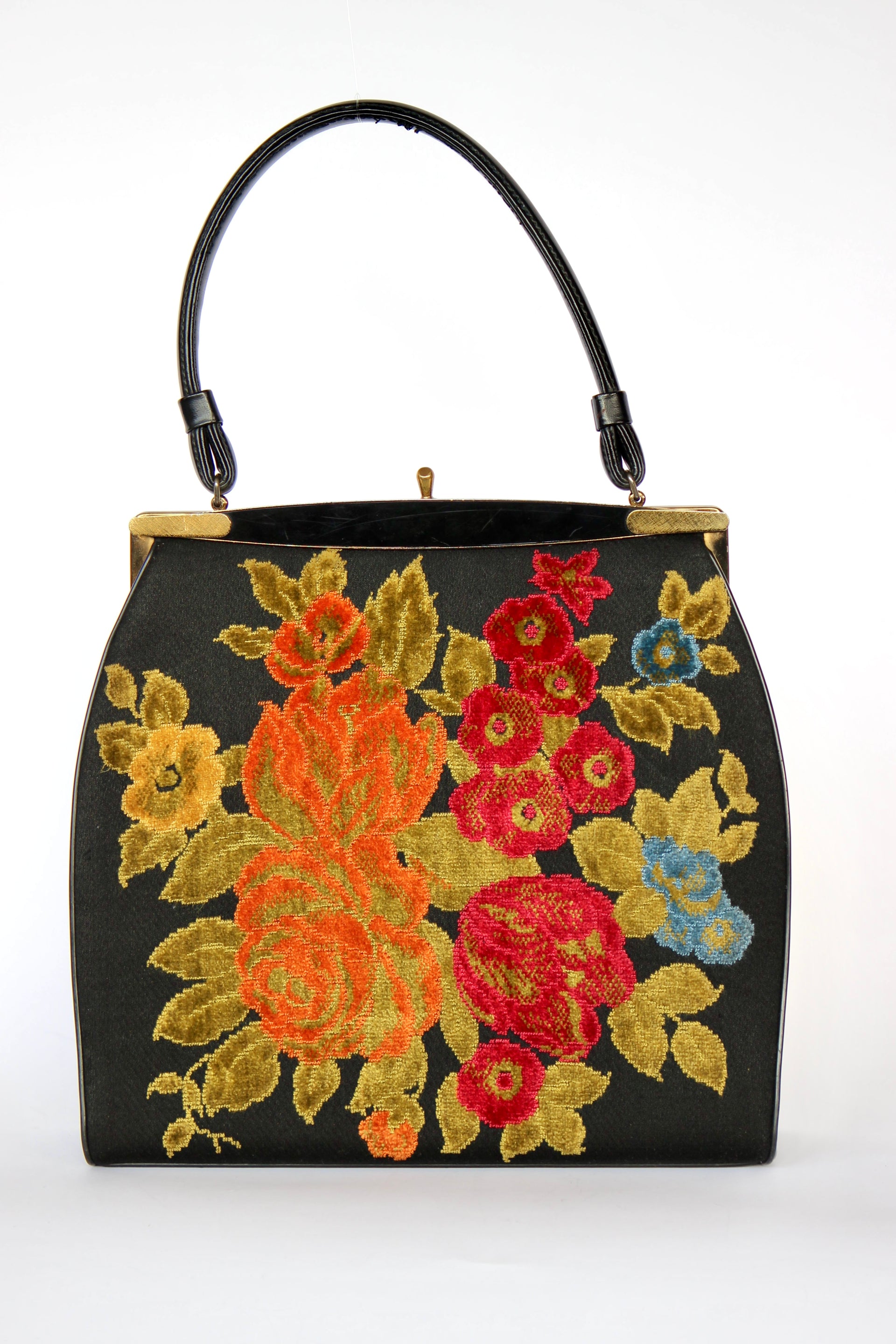 1940s 1950s Vintage Large Black Embroidered Top Handle Bag