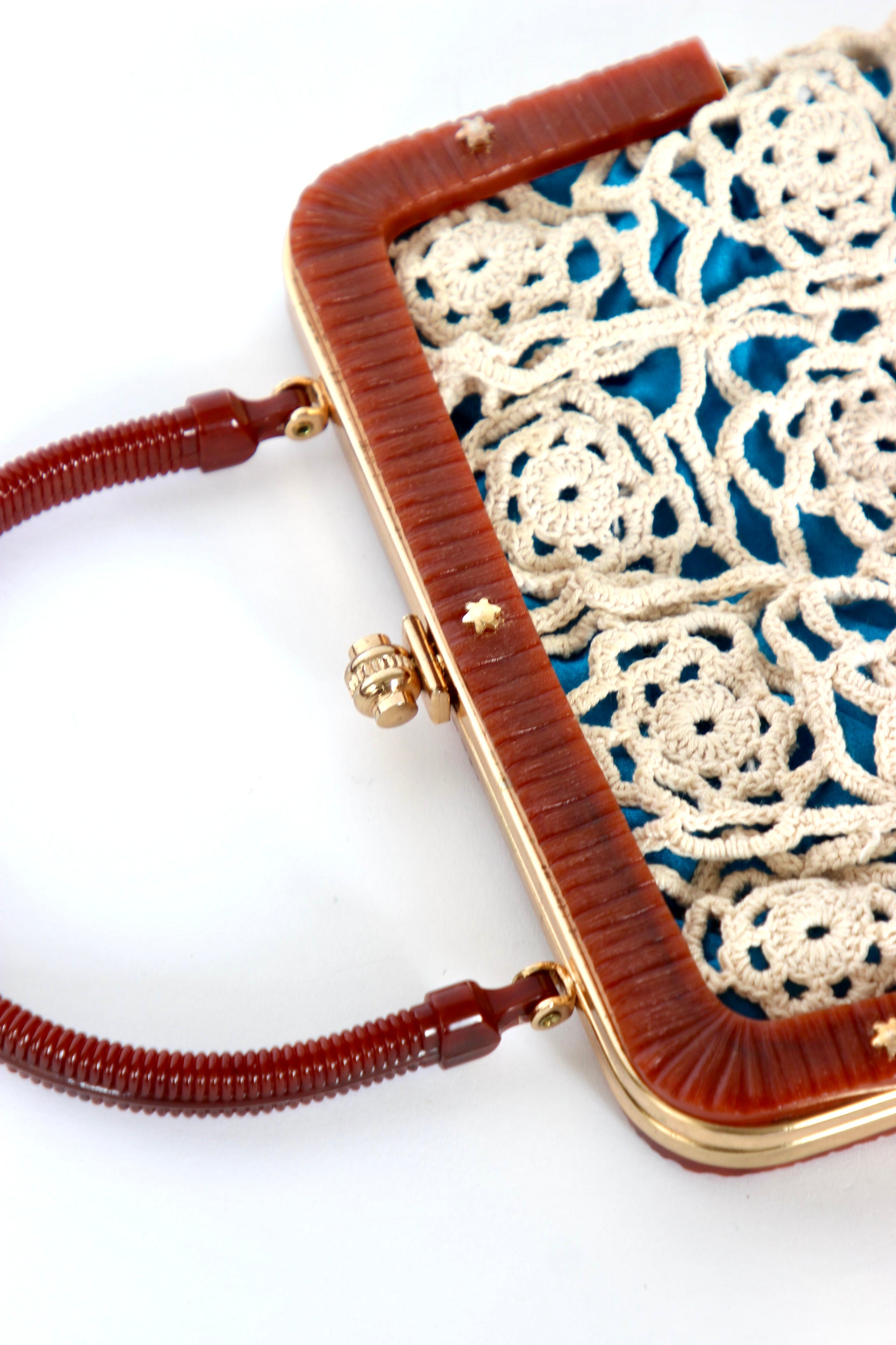 1960s Vintage Handmade Crochet Bag with Plastic Handle and Frame